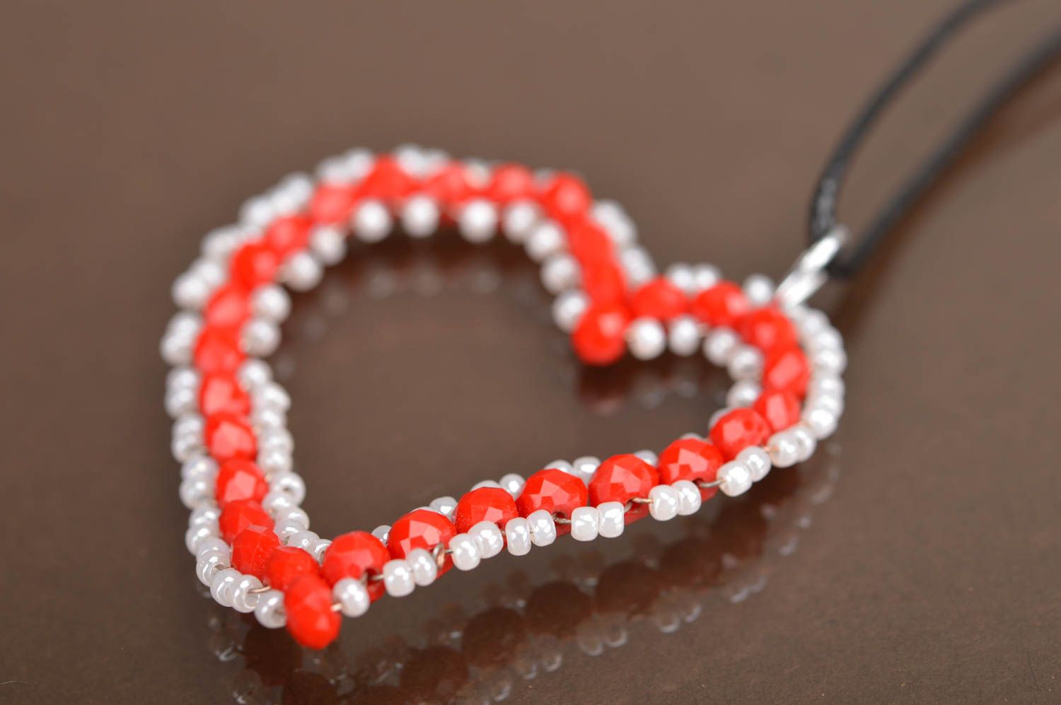Handmade designer red heart shaped pendant with Czech crystal beads on cord photo 5