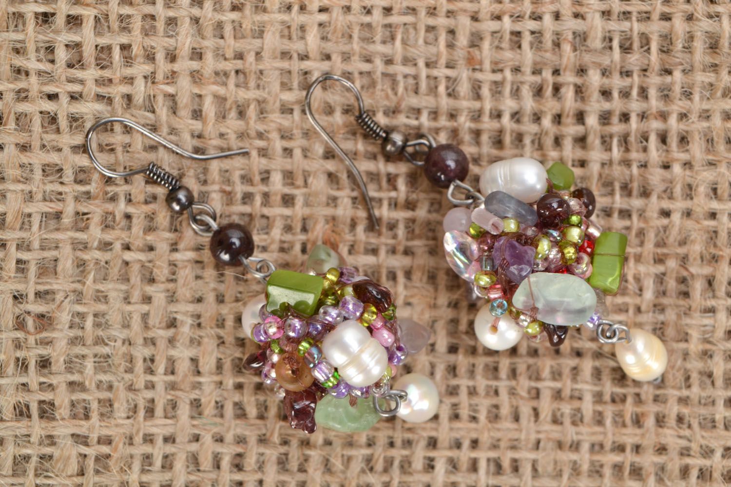 Homemade earrings with river pearls and natural stones photo 1