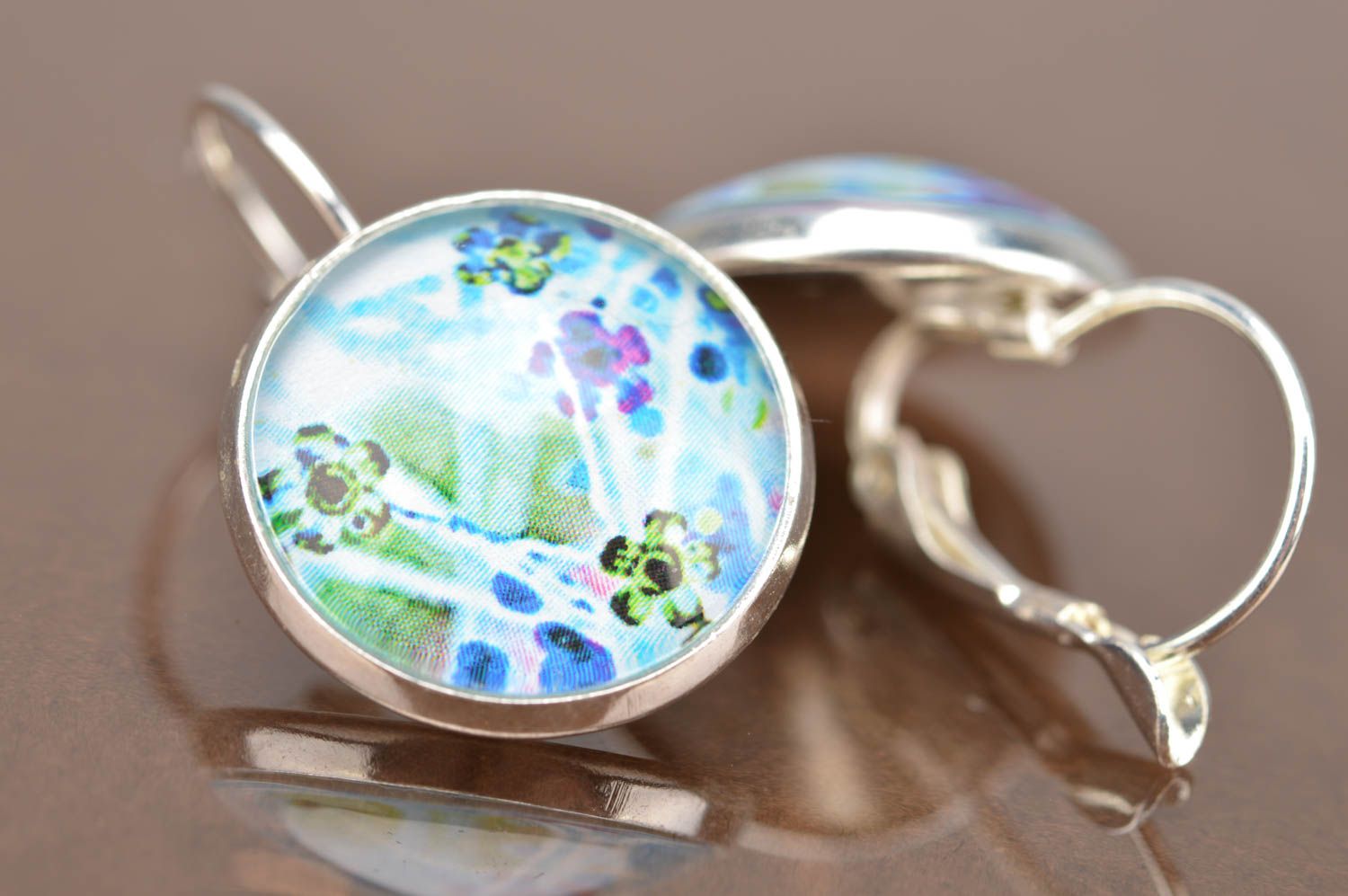 Unusual beautiful handmade designer round earrings with flower print Violets photo 5
