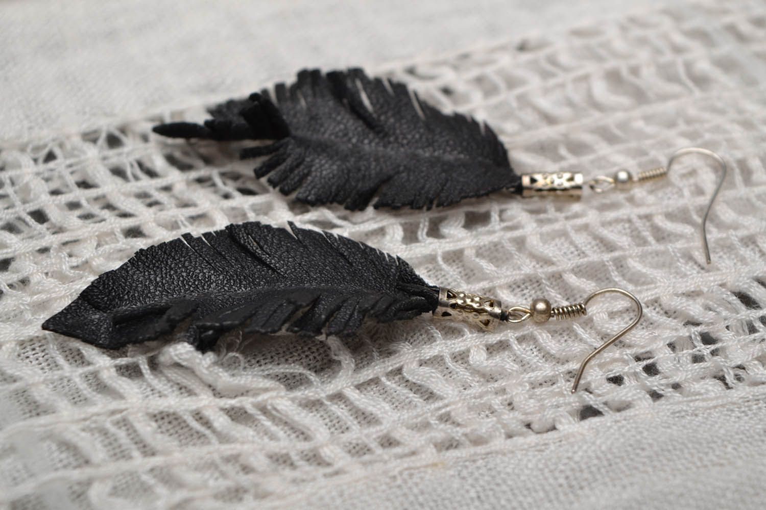 Black leather earrings Feathers photo 1