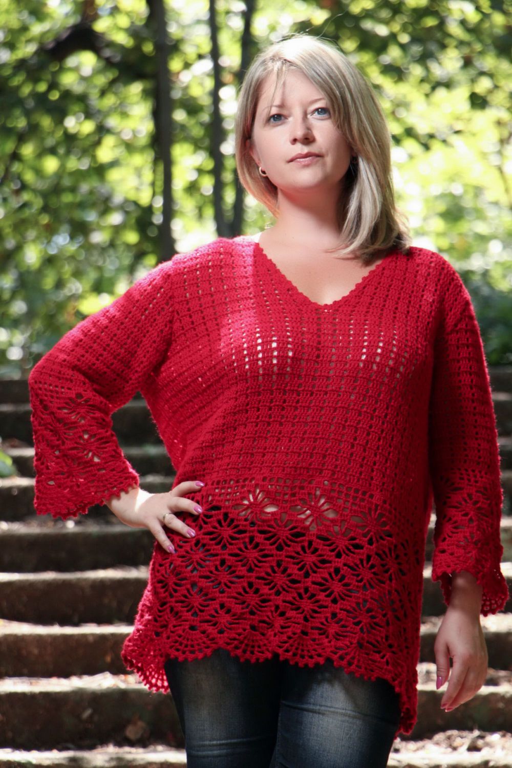 Tunique tricot acrylique rouge pour femme  photo 1
