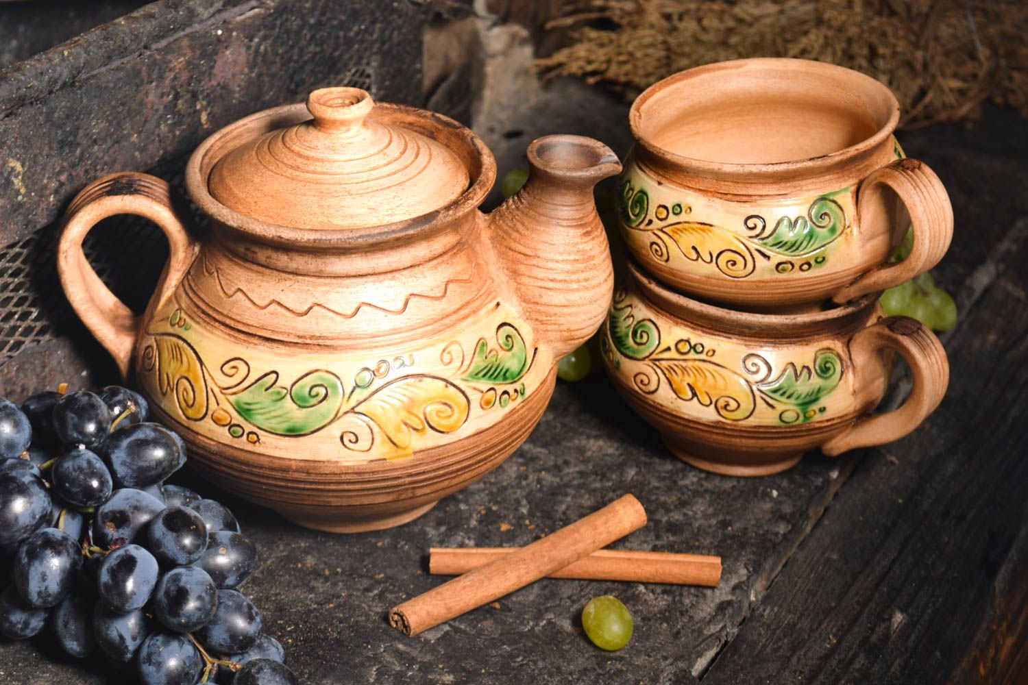Italian style ceramic set of tea kettle and two teacups photo 1