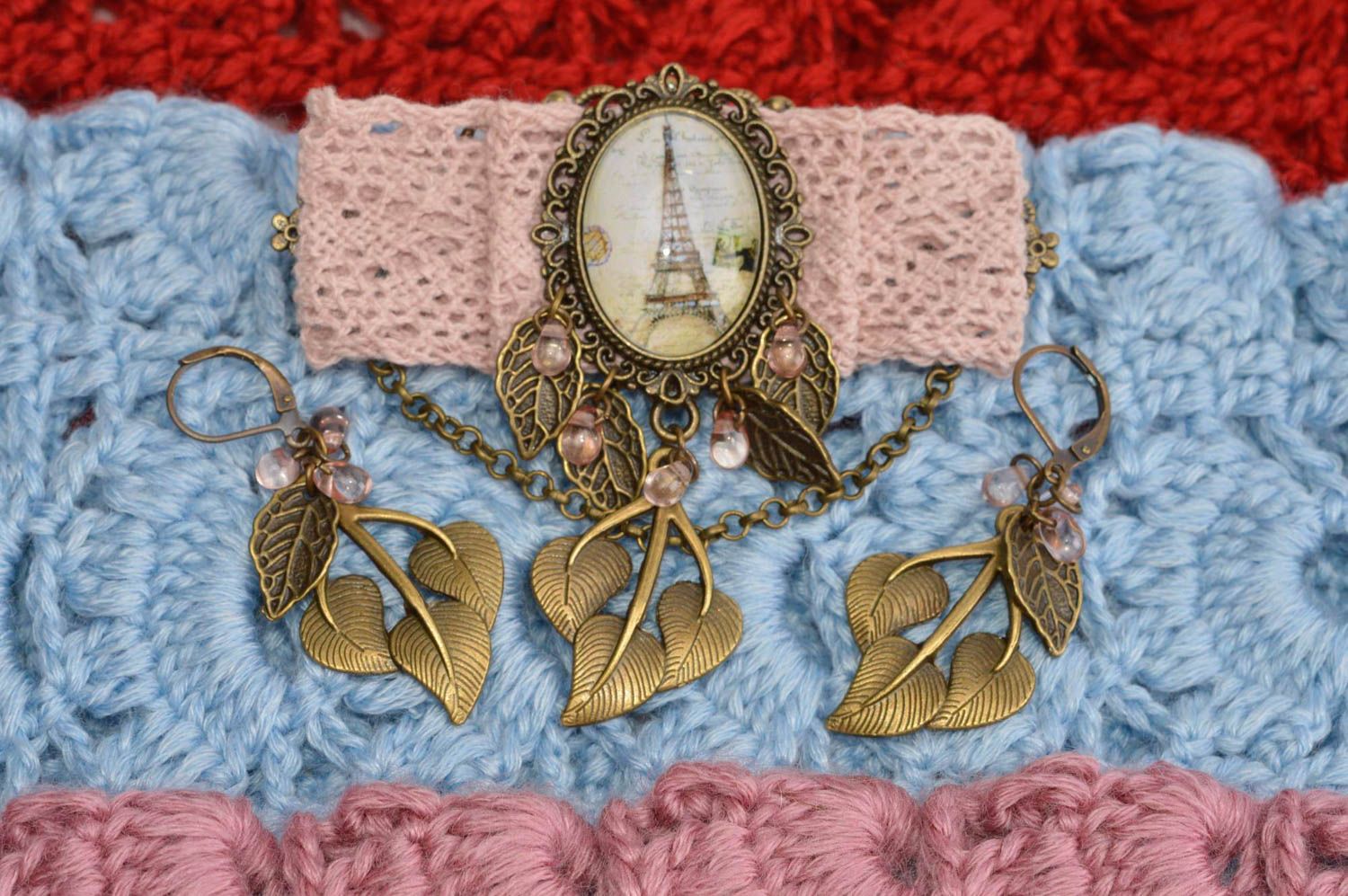 Handmade Schmuck Set Damen Accessoires Schmuck Ohrringe Brosche rosa aus Metall foto 1