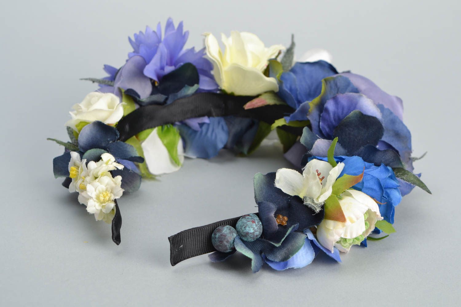 Serre-tête avec fleurs de rose et bleuet en tissu fait main original design photo 4