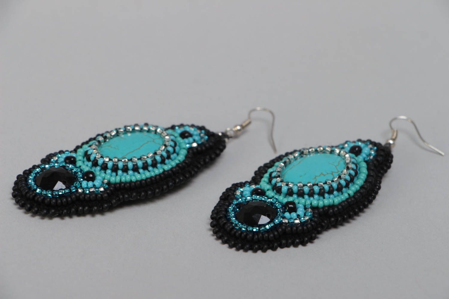 Handmade beaded earrings with charms long jewelry with artificial turquoise photo 3