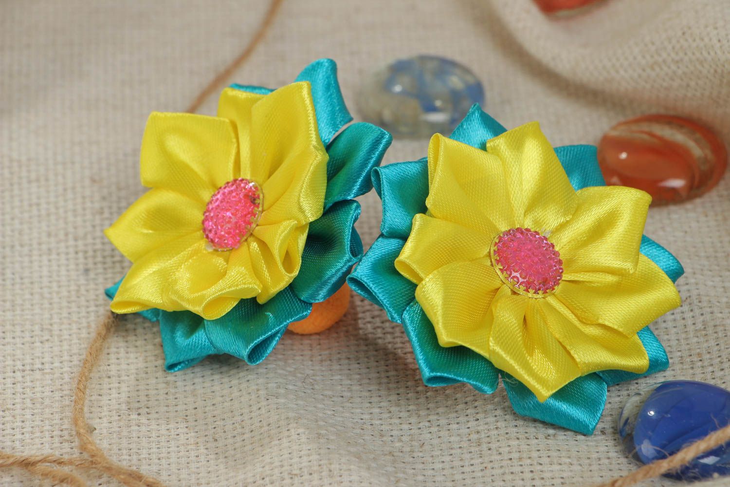 Set of 2 handmade colorful bright elastic hair bands with kanzashi flowers photo 1