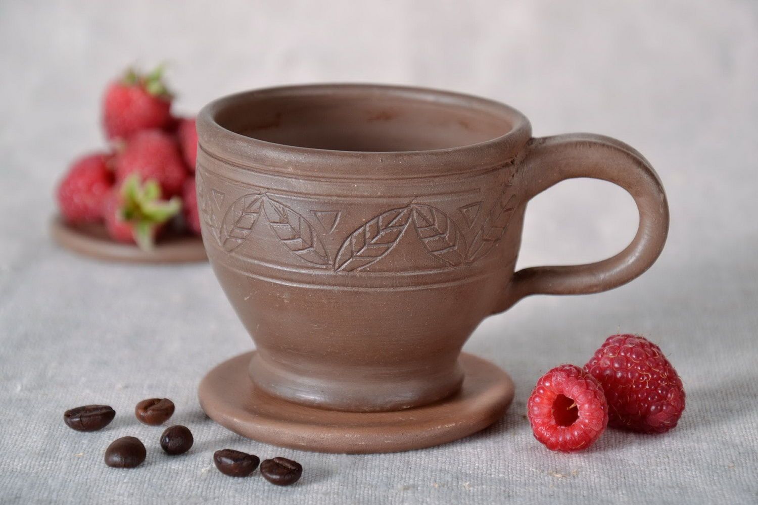 Brown clay glazed clay cup for coffee with handle and Greek pattern photo 1