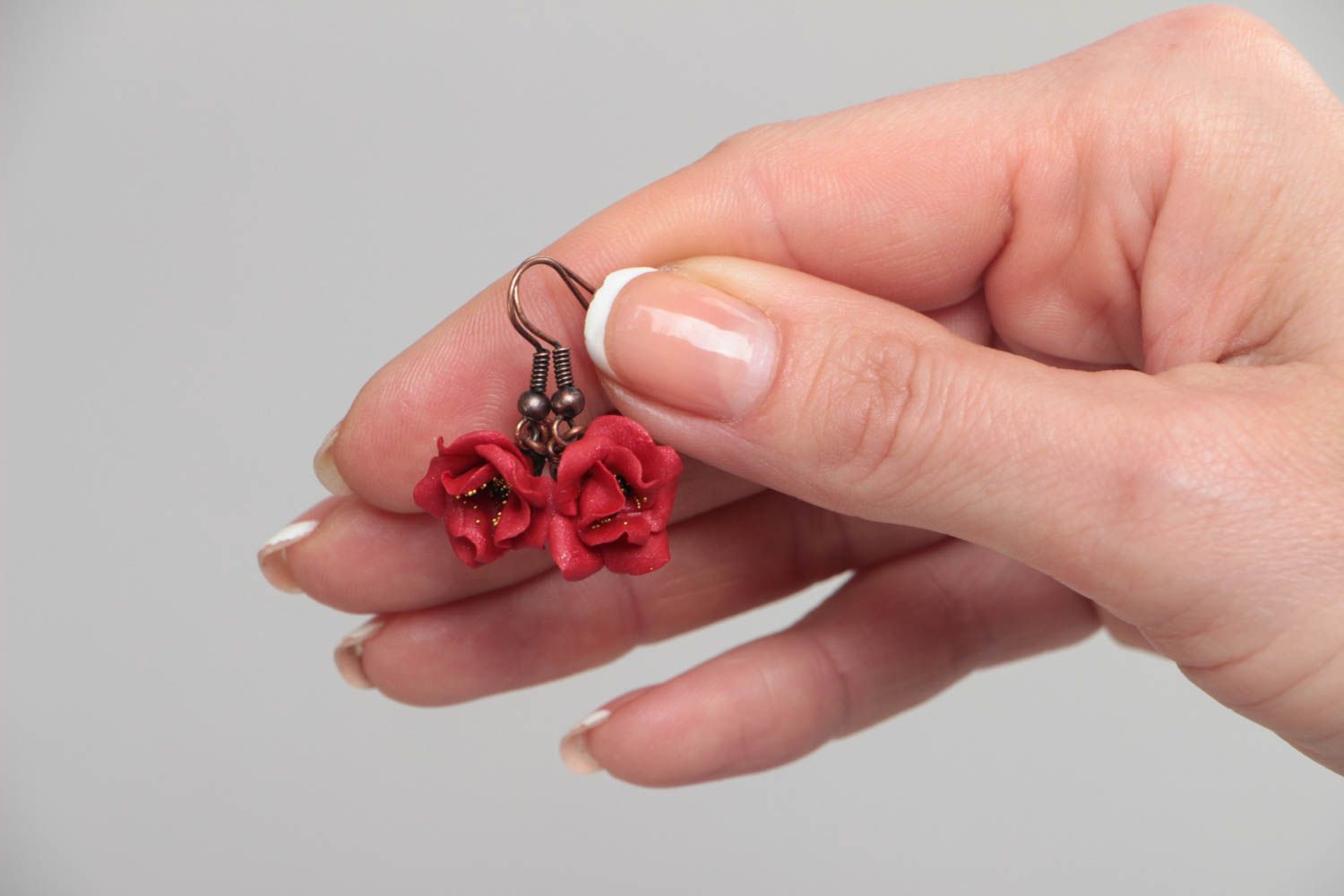 Long earrings made of polymer clay with red poppies flowers handmade accessory photo 5