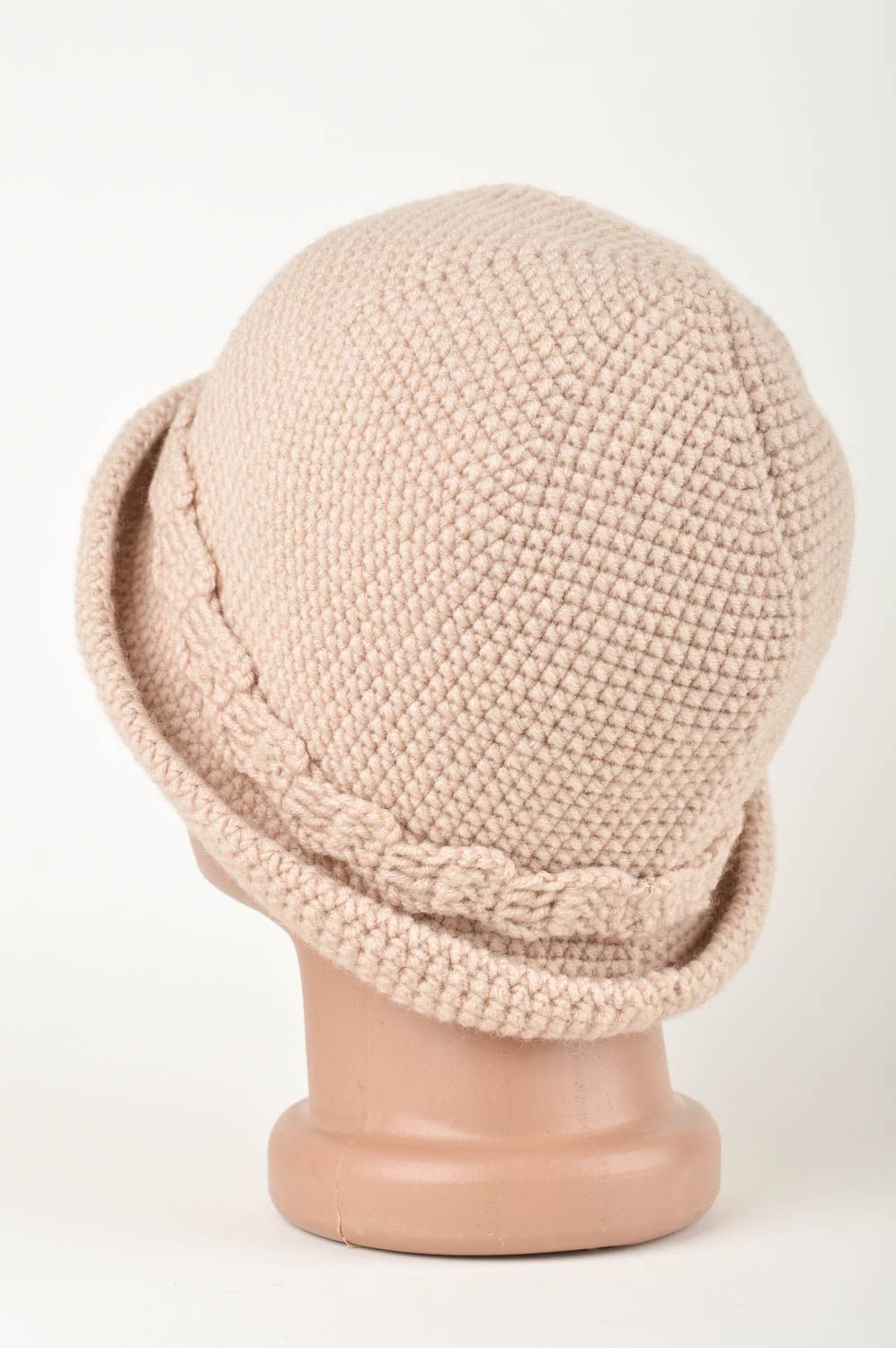 Bonnet tricot fait main Chapeau au crochet beige Vêtement femme original photo 5