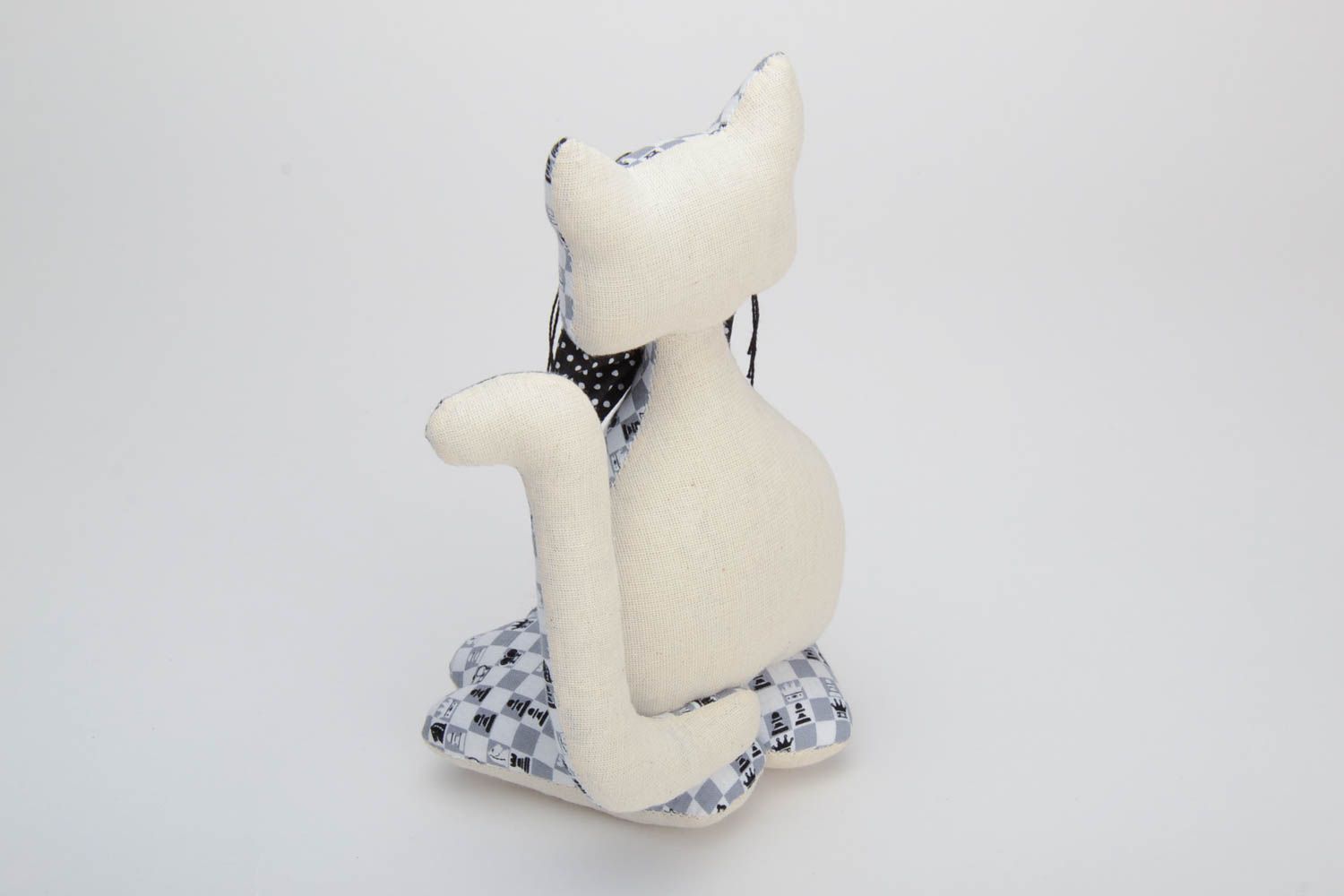 Handmade designer black and white cotton soft toy cat with polka dot bow tie photo 4