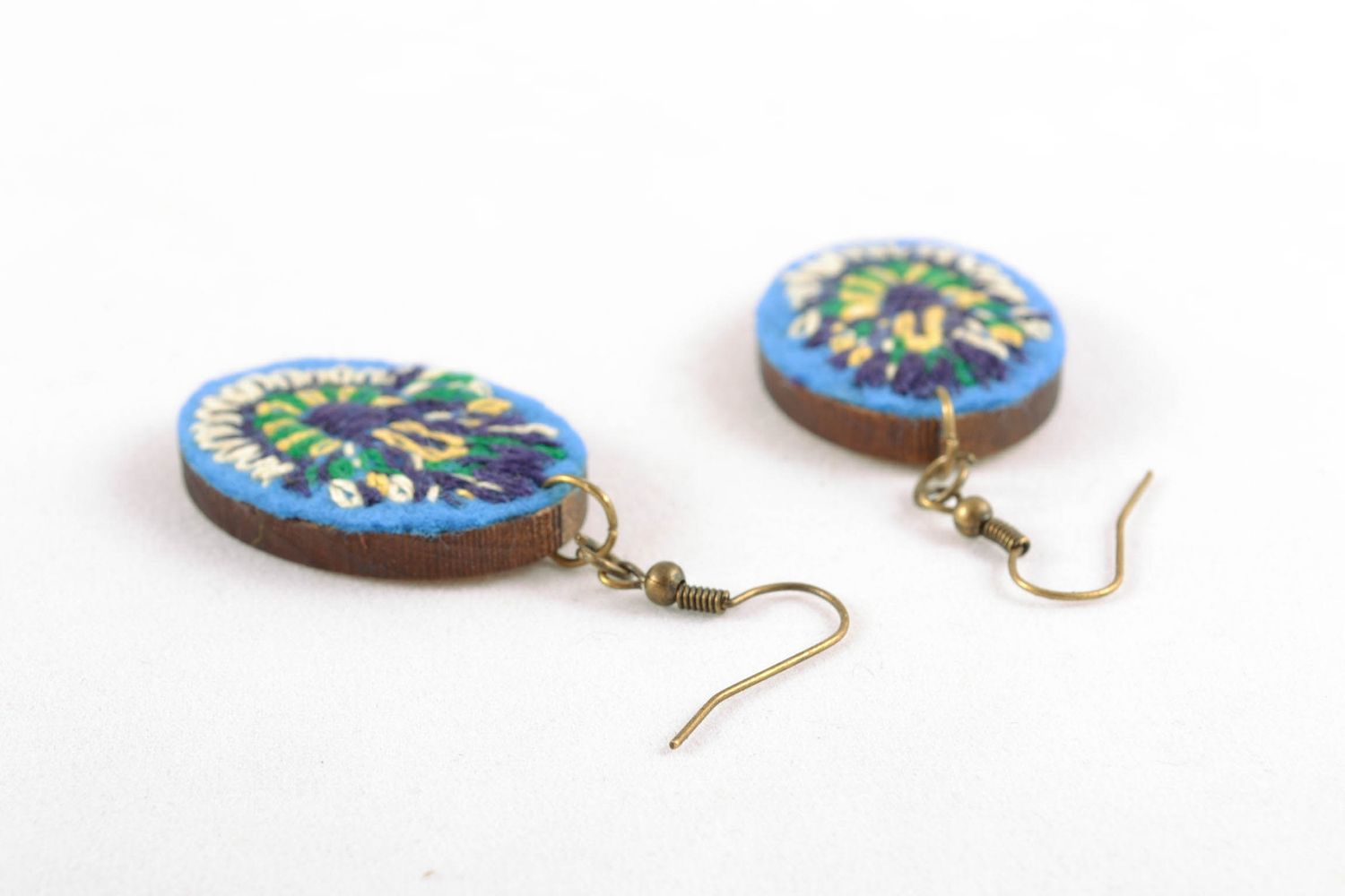 Wooden earrings with embroidery photo 4