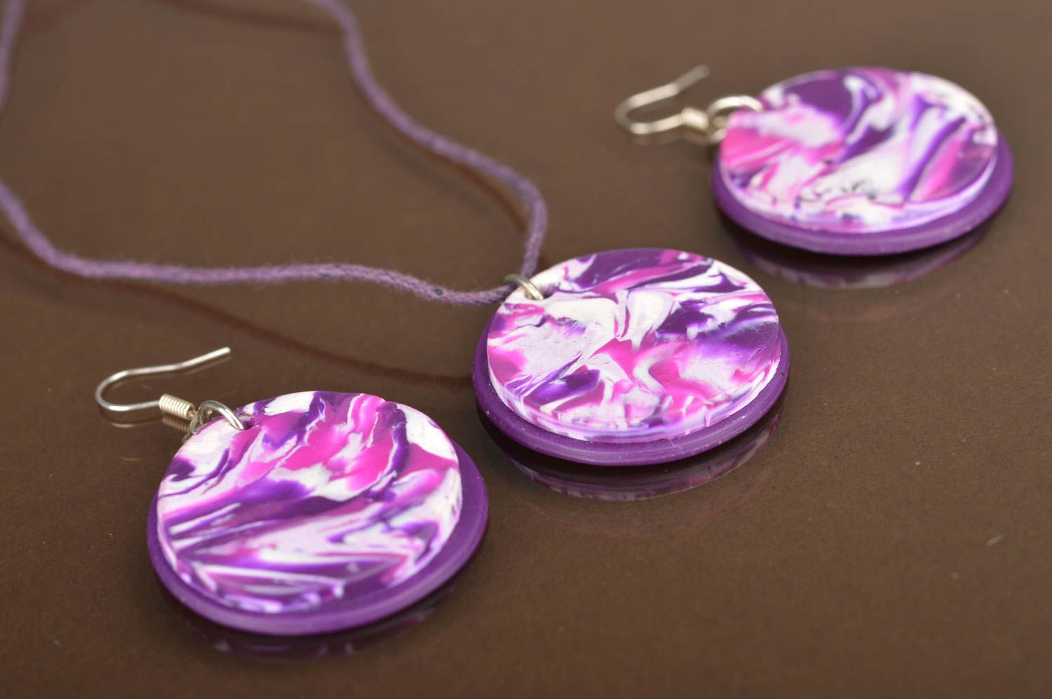 Set of handmade jewelry made of polymer clay in round shape earrings and pendant photo 2