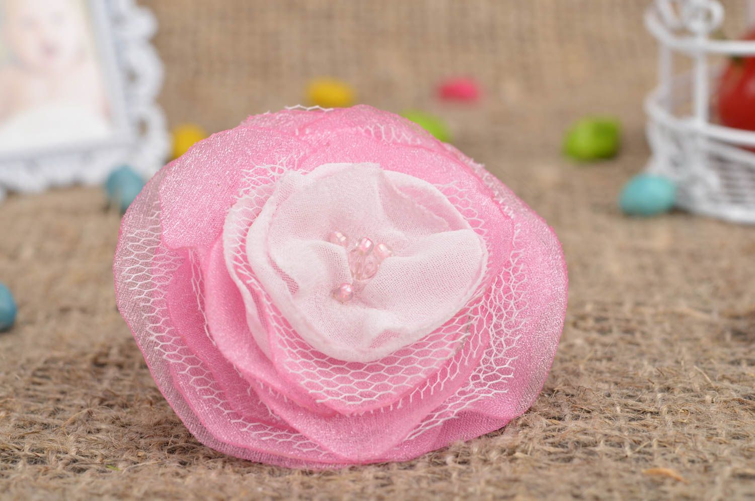 Handmade beautiful pink flower hair clip created using tulle for children photo 1