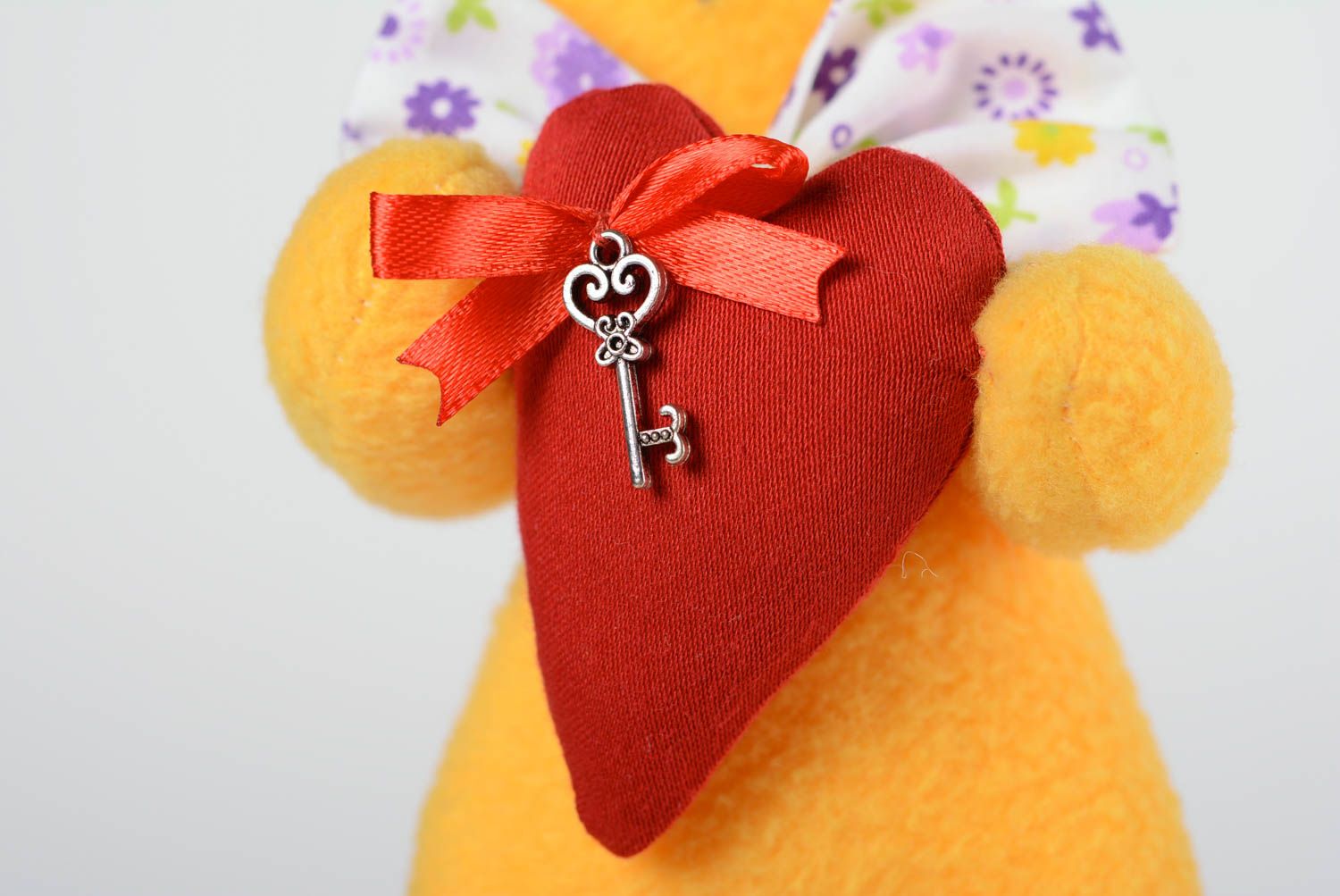 Handmade fleece soft toy bright yellow rabbit with bow tie and red soft heart photo 3