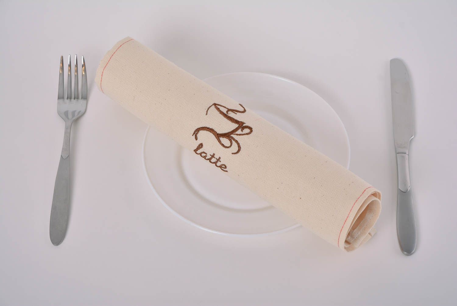 Designer long beige semi linen napkin with handmade embroidery Cup of Latte photo 4