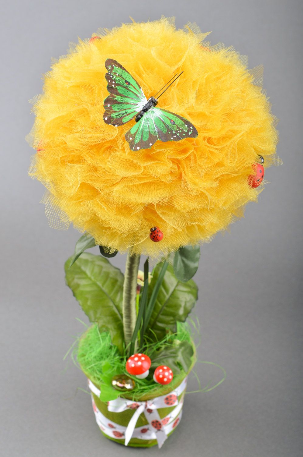 Handmade decorative yellow tulle topiary with ribbons and butterfly in pot photo 3