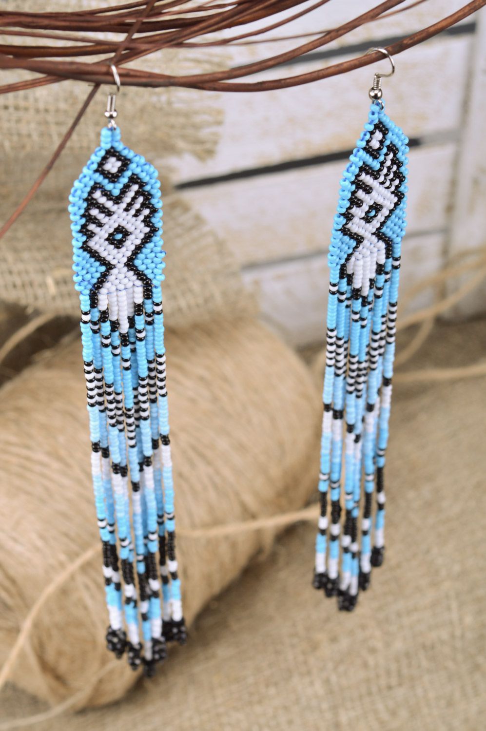 Blue and white unusual handmade beaded earrings with fringe photo 1