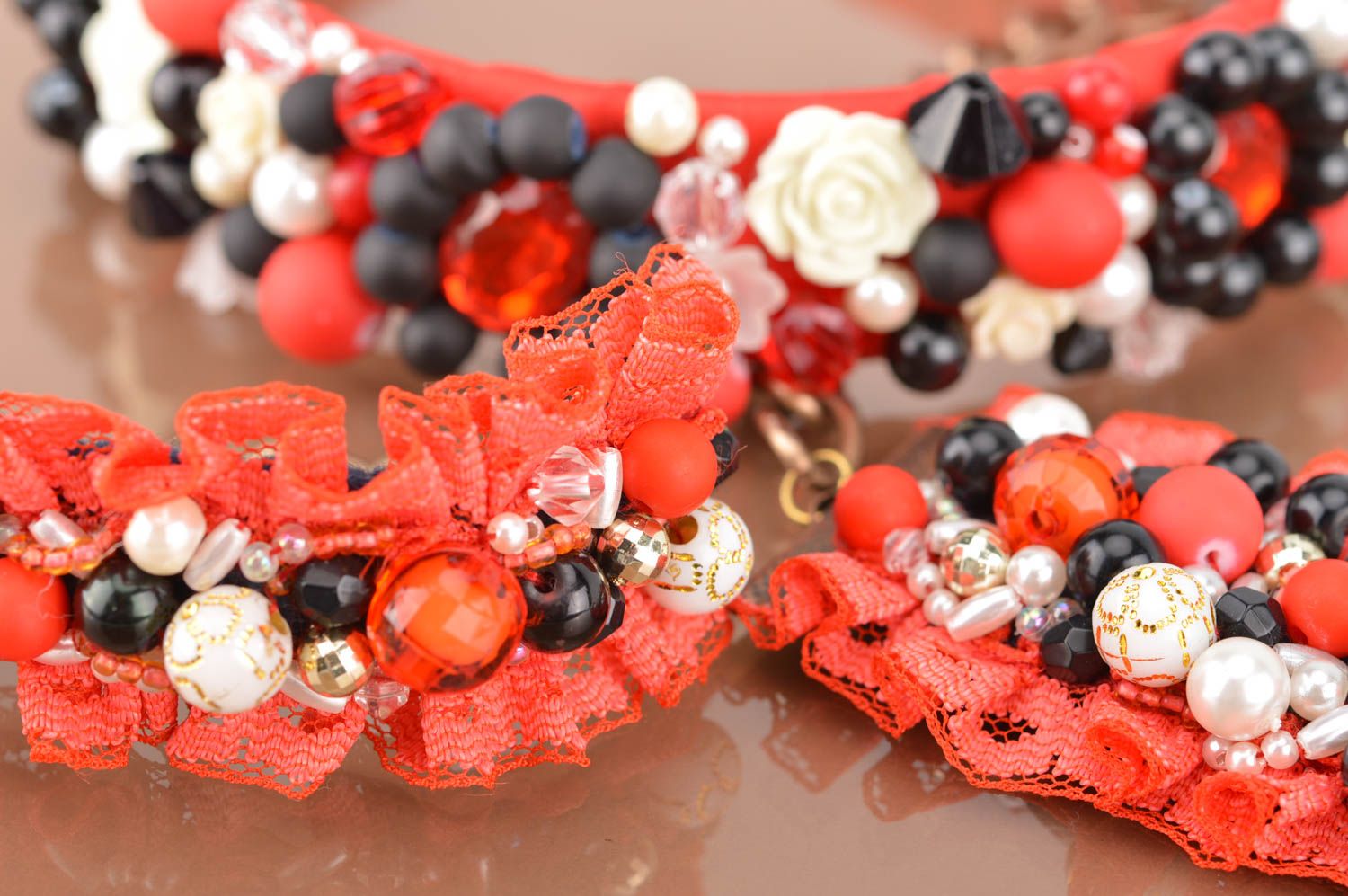 Schmuckset mit Perlen Collier Armband und Haarreif in Rot handmade für Frauen foto 3