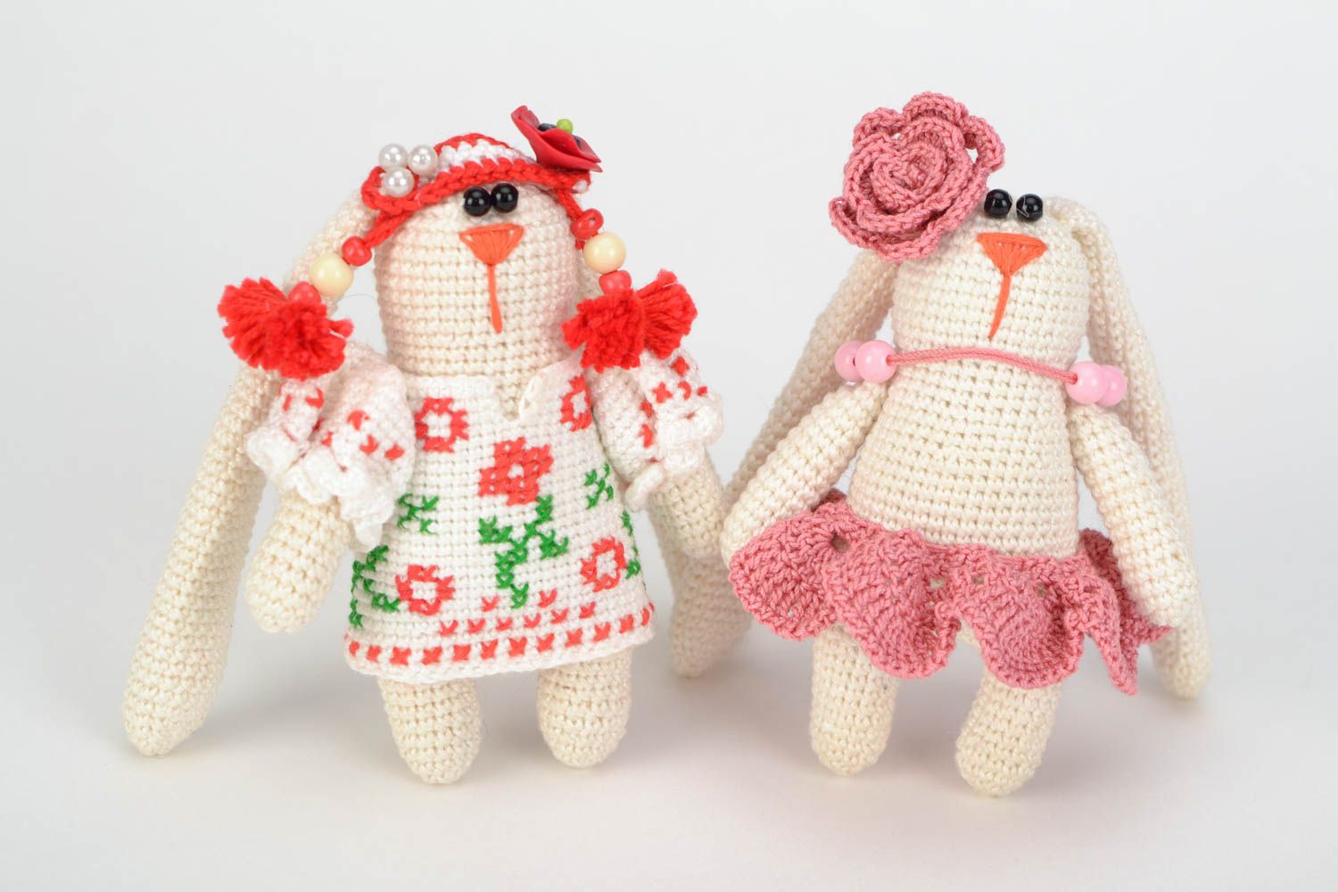 Set of handmade crochet soft toys created of cotton threads 2 pieces Hares girls photo 1