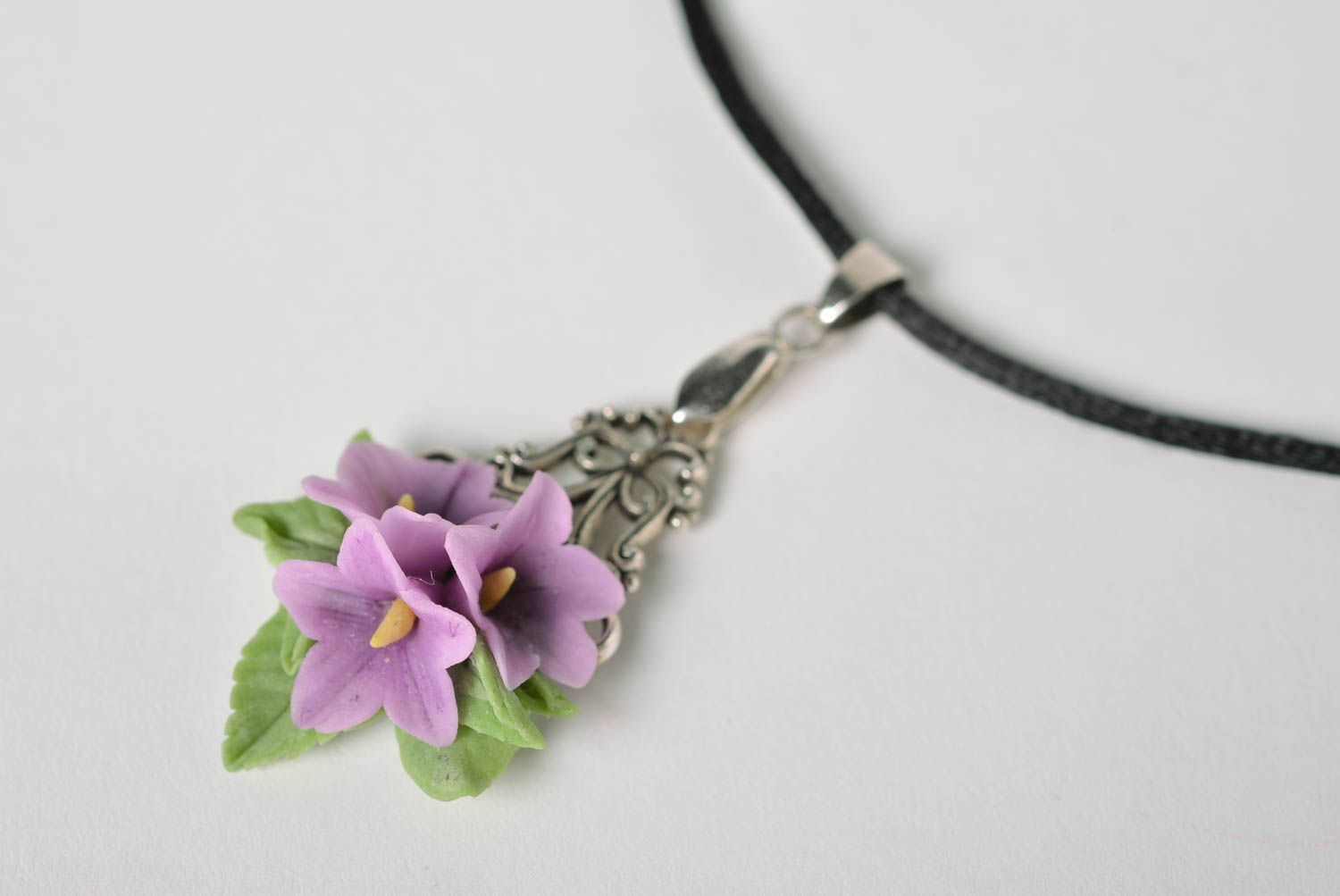 Lilac handmade designer plastic flower neck pendant volume photo 3