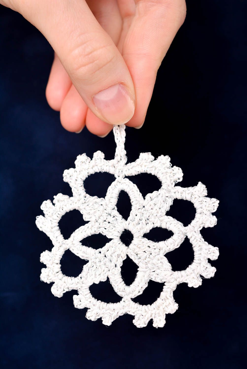 Handmade crocheted snowflake decorative white hanging textile Christmas toy photo 5