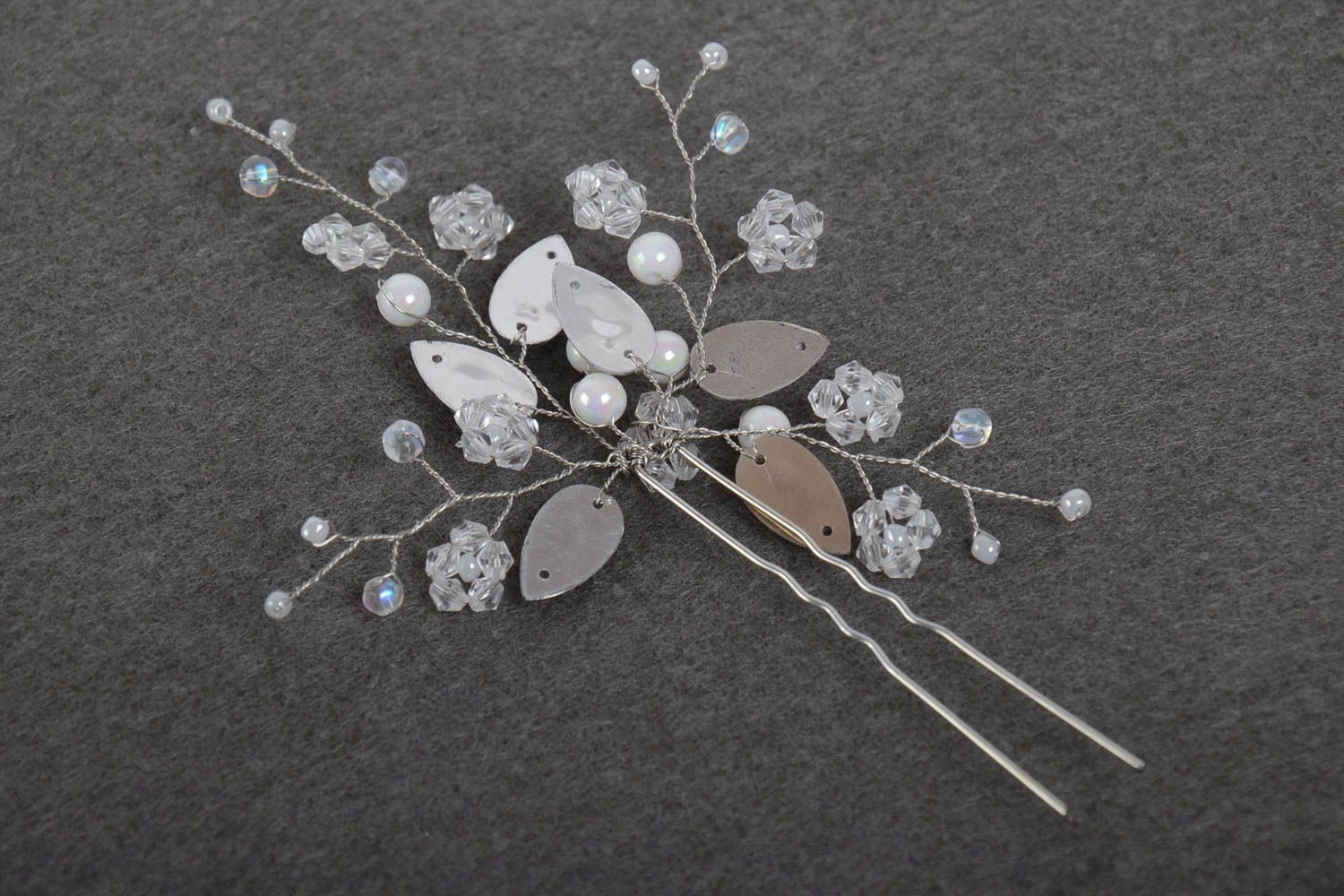 Unusual festive handmade metal hairpin with flowers and beads photo 3