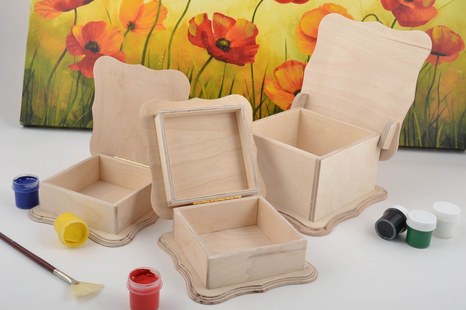 Set of 3 handmade designer plywood blank boxes for creative work DIY photo 1