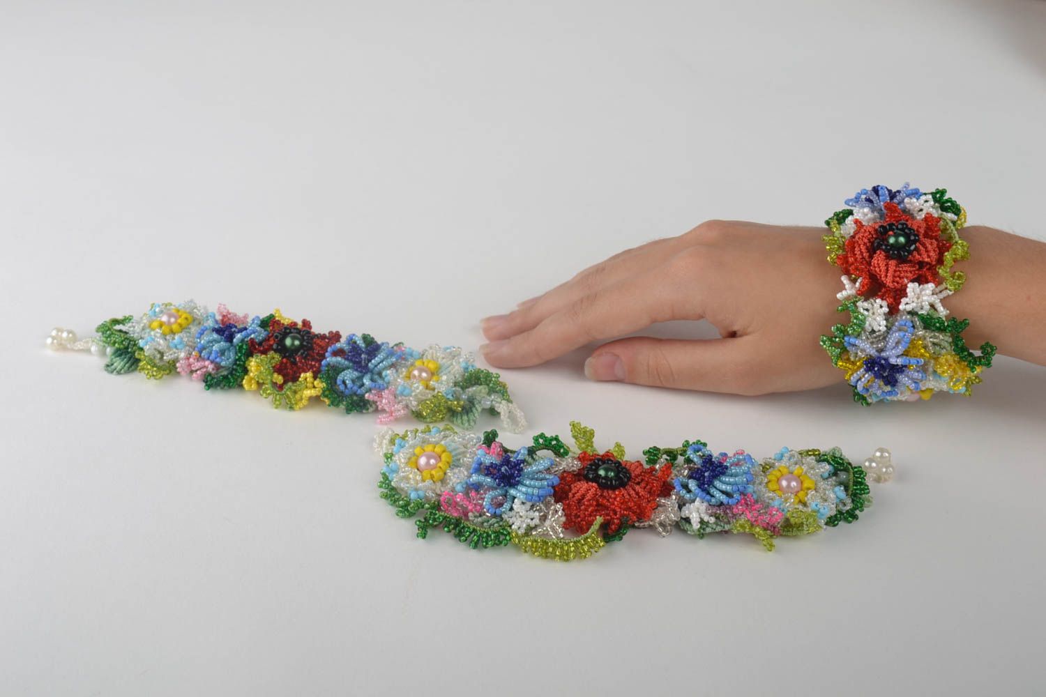 Woven set of bracelets textile handmade bracelets stylish jewelry 3 pieces photo 5