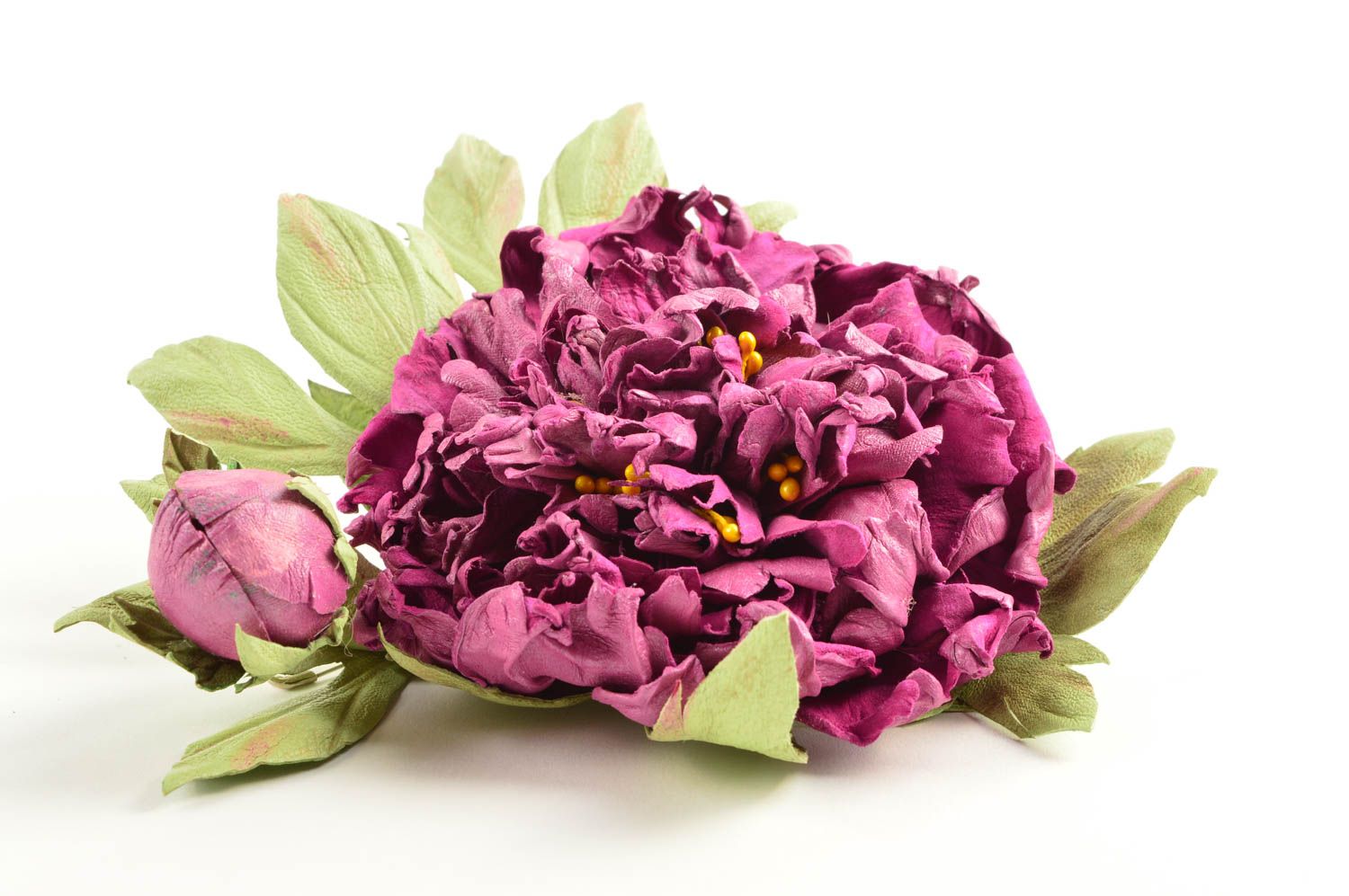 Broche fleur violette Bijou fait main grosse en vrai cuir Cadeau femme photo 3