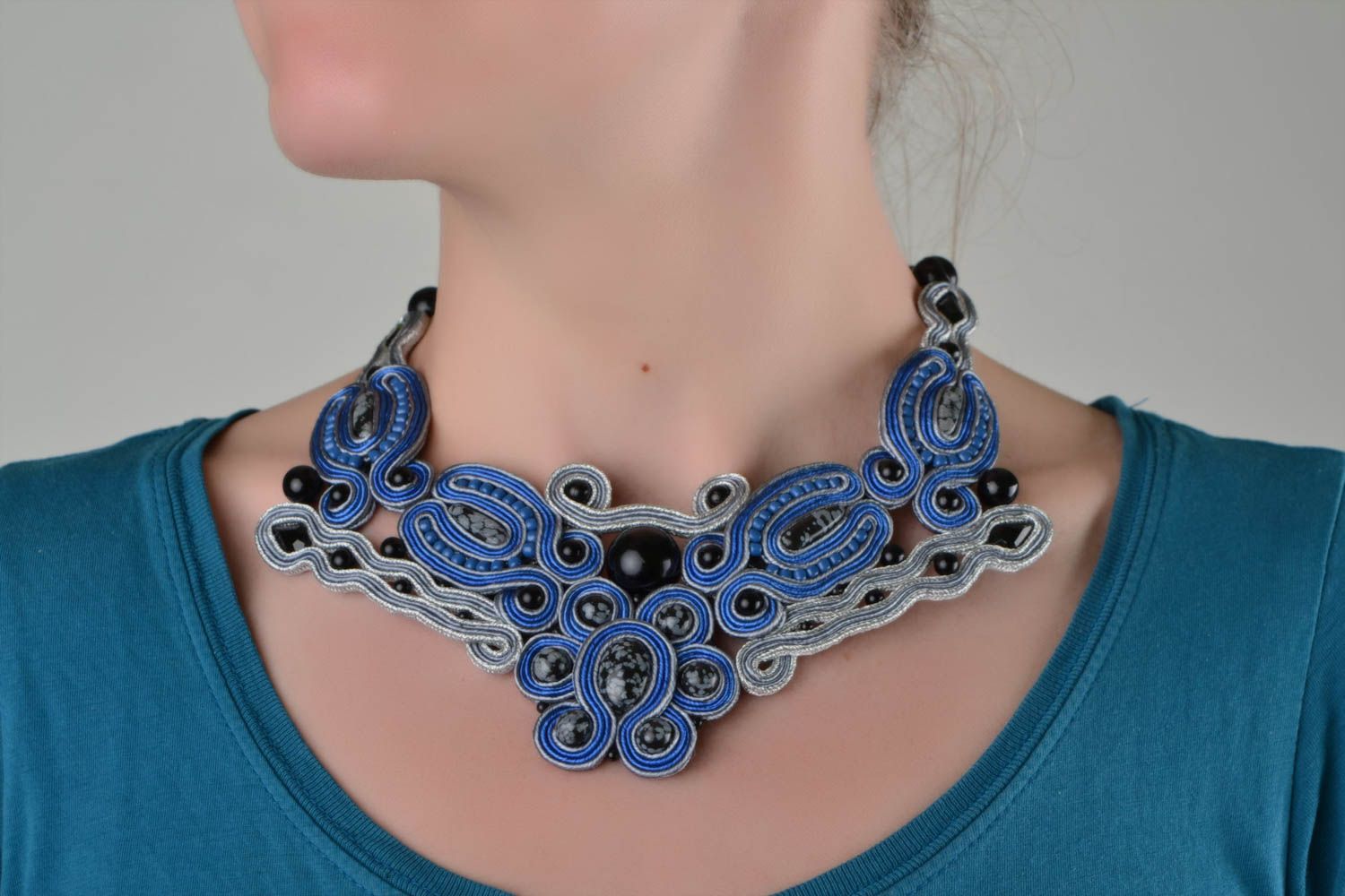 Handmade designer soutache necklace with obsidian Winter Sky photo 1