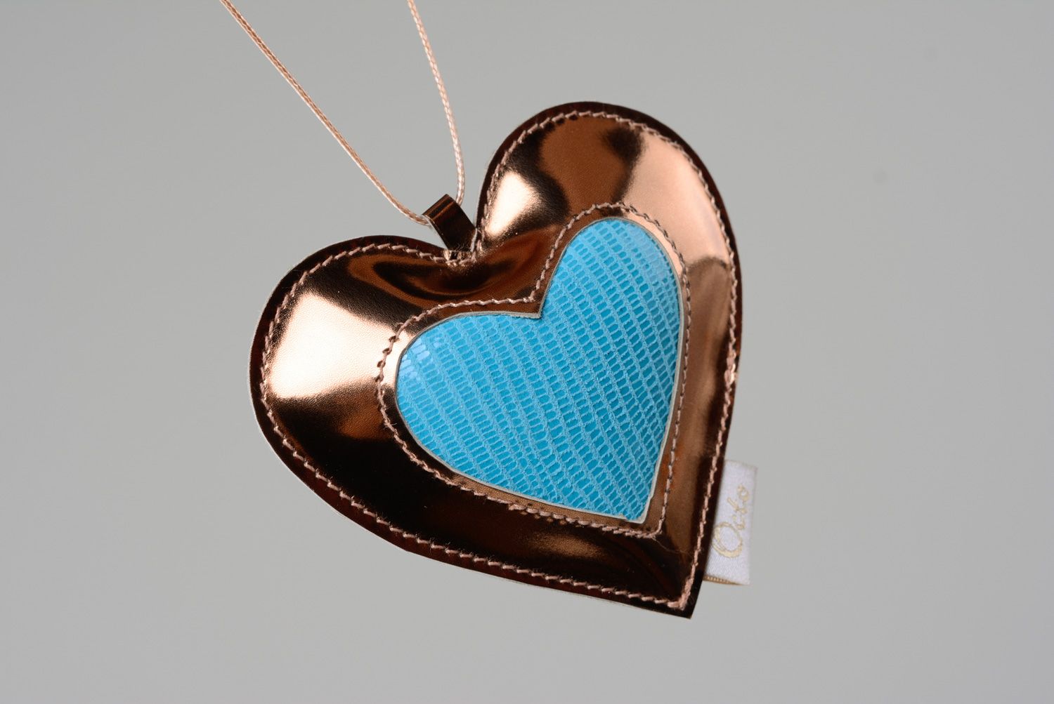Leather bag charm or keychain Golden Heart photo 1