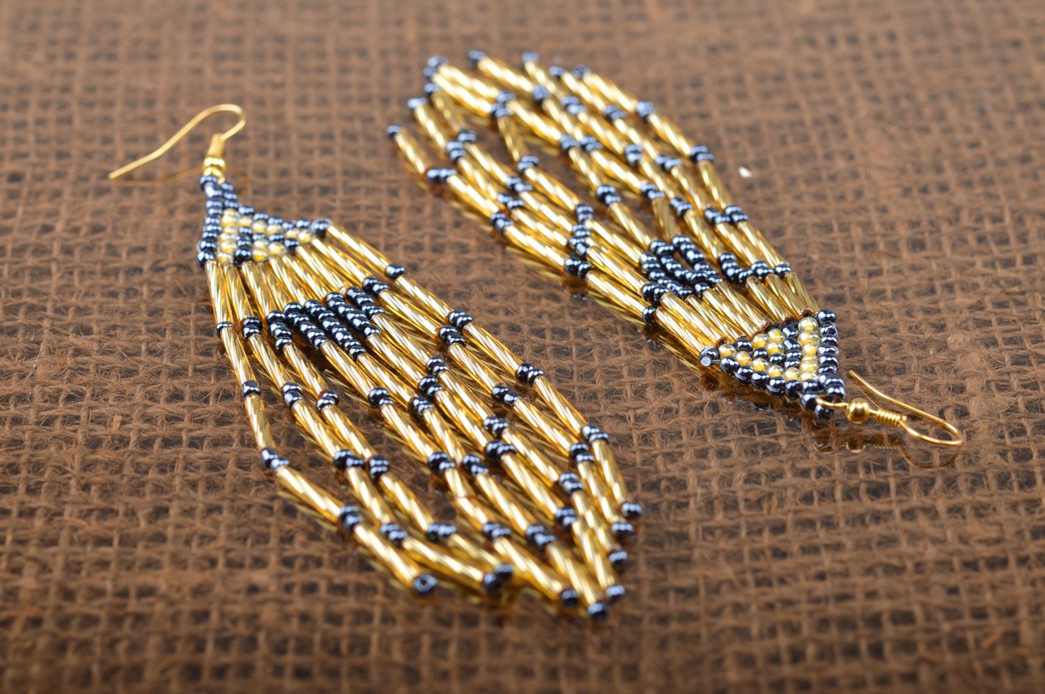 Handmade long dangle beaded earrings with fringe of golden and black colors photo 2