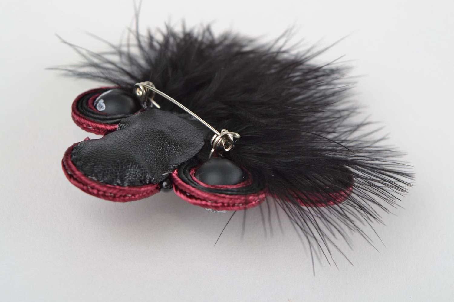 Handmade dark soutache brooch with feathers glass beads and leather basis photo 5