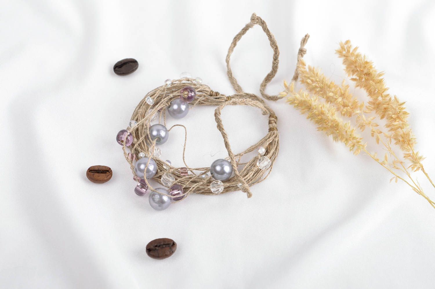 Bracelet fantaisie Bijoux fait main Accessoire femme cordes de lin perles nacré photo 1