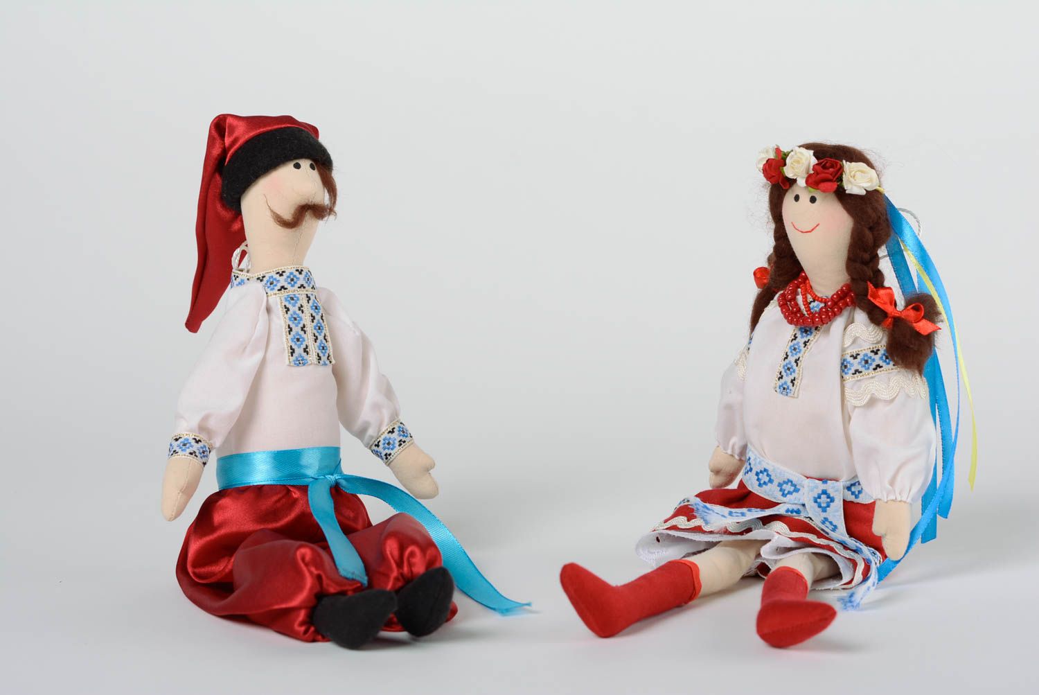 Set of 2 handmade designer soft dolls man and woman in ethnic Ukrainian costumes photo 1