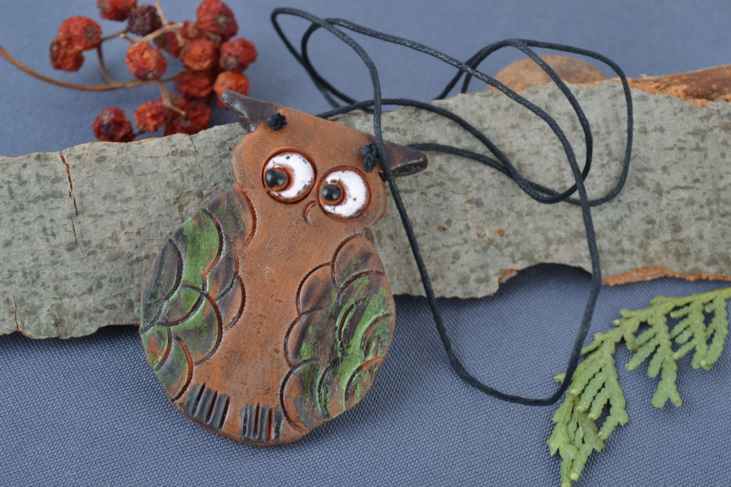 Handmade designer painted clay pendant in the shape of owl for children photo 1