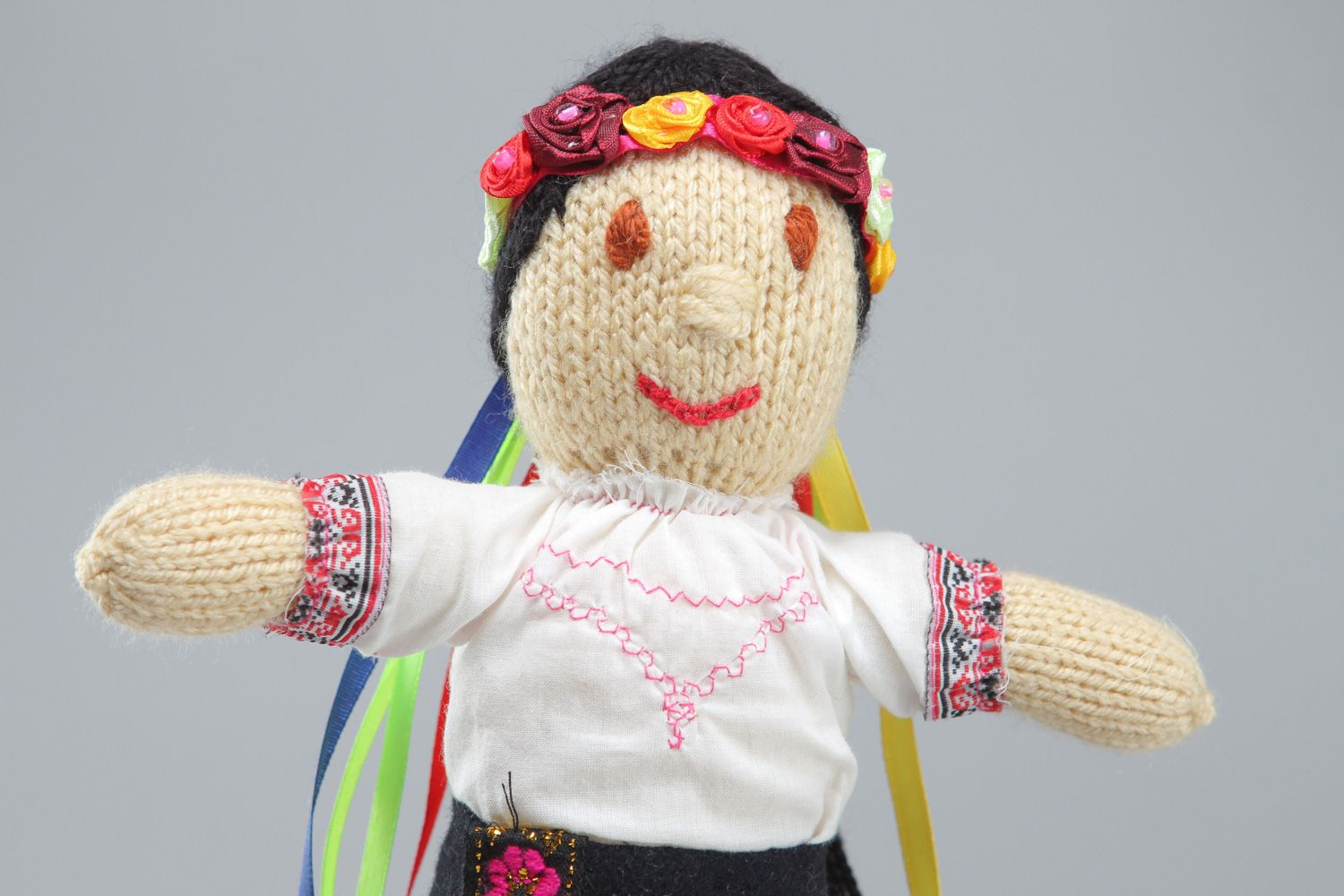 Handmade soft doll knitted of acrylic threads Ukrainian girl in national costume photo 2