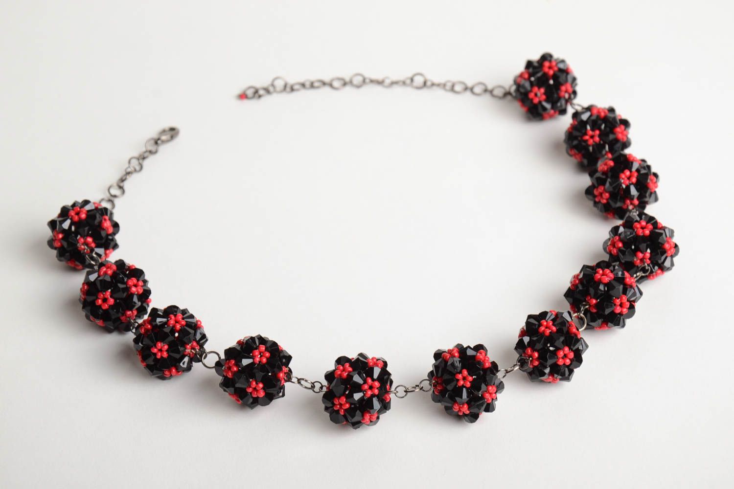 Handmade designer women's necklace crocheted of red and black Czech beads photo 5