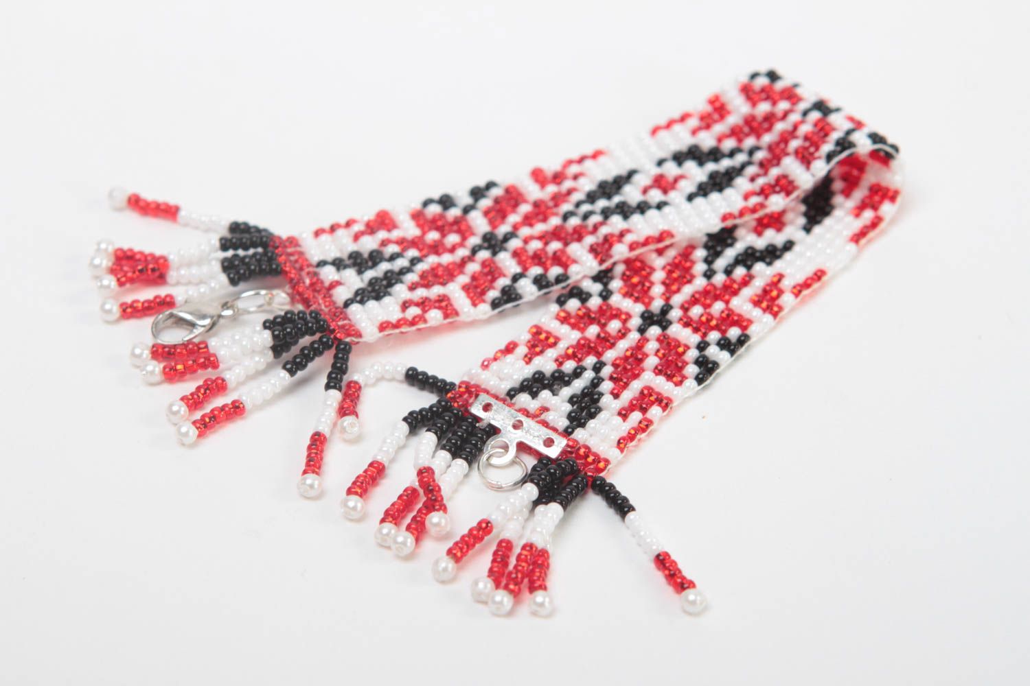 Handmade ethnic Ukrainian style beaded bracelet in red, black and white color for women photo 4
