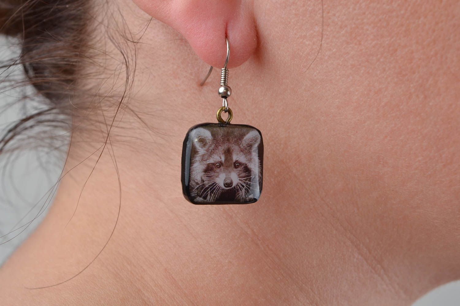 Beautiful handmade square polymer clay earrings with decoupage Raccoons photo 2