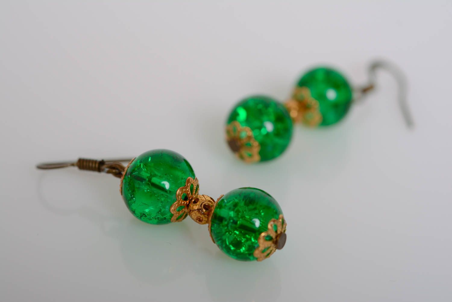 Beautiful handmade earrings with glass beads long bright green accessory photo 2