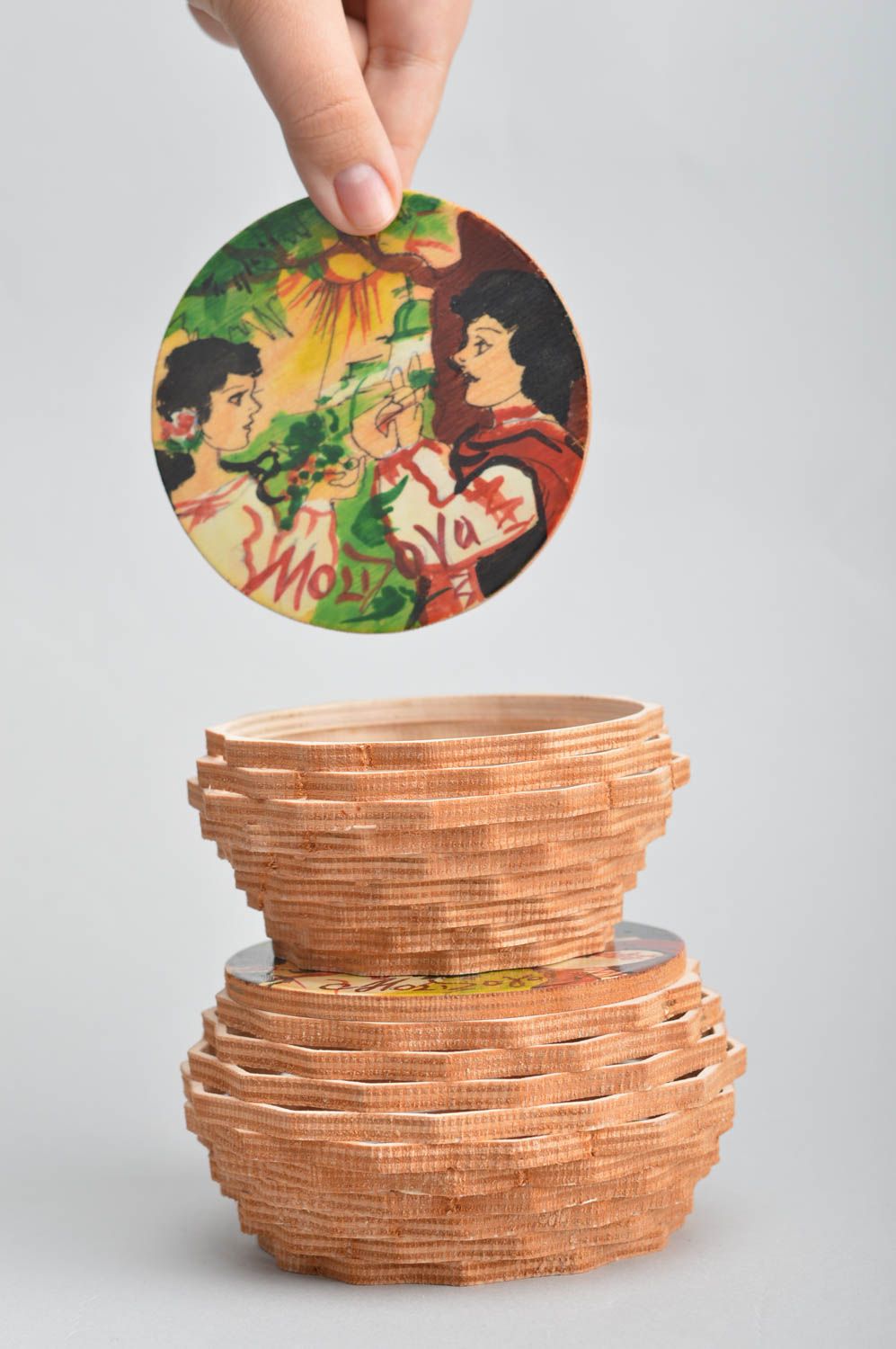 Ensemble de 2 boîtes décoratives rondes en contreplaqué peintes faites main photo 3