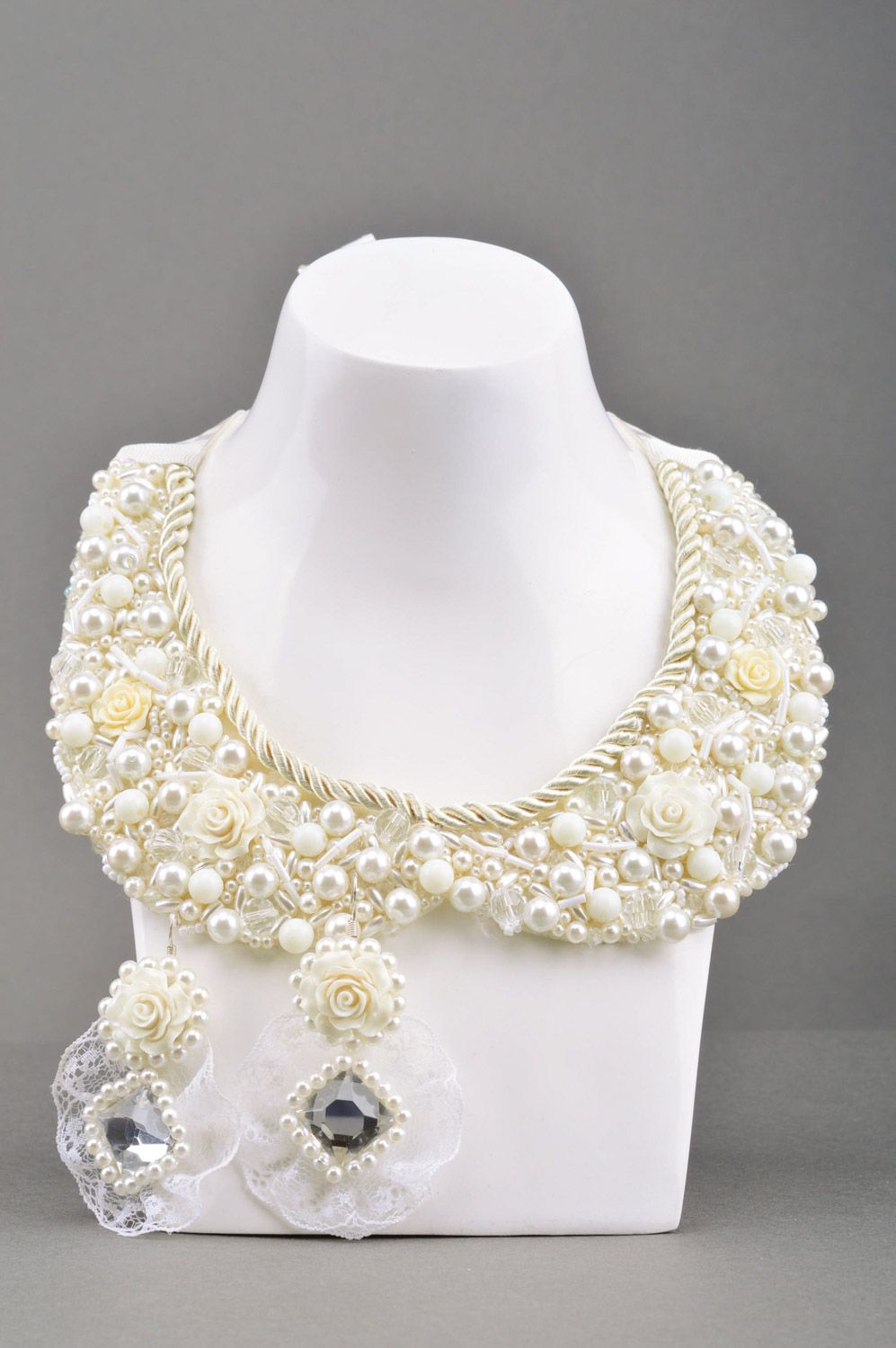 Set of handmade white bead embroidered jewelry long earrings and necklace photo 1