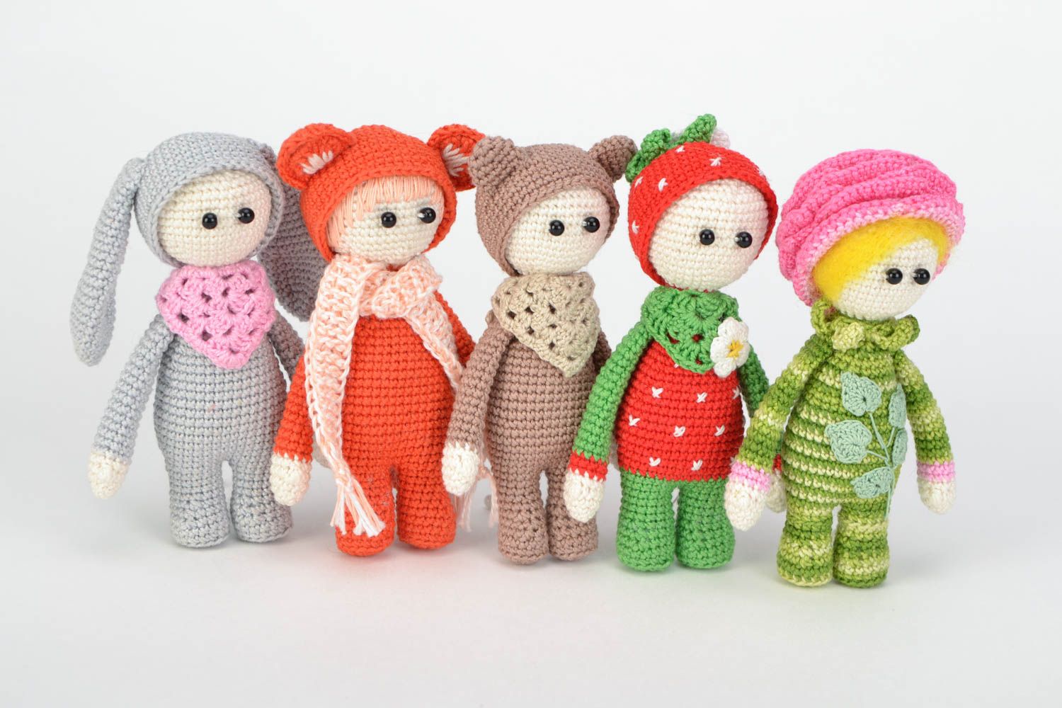 Set of small handmade crochet soft toys 5 pieces Girls in costumes of animals photo 1
