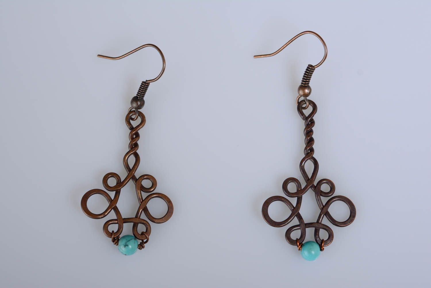 Big earrings made of copper using wire wrap technique with artificial turquoise photo 4