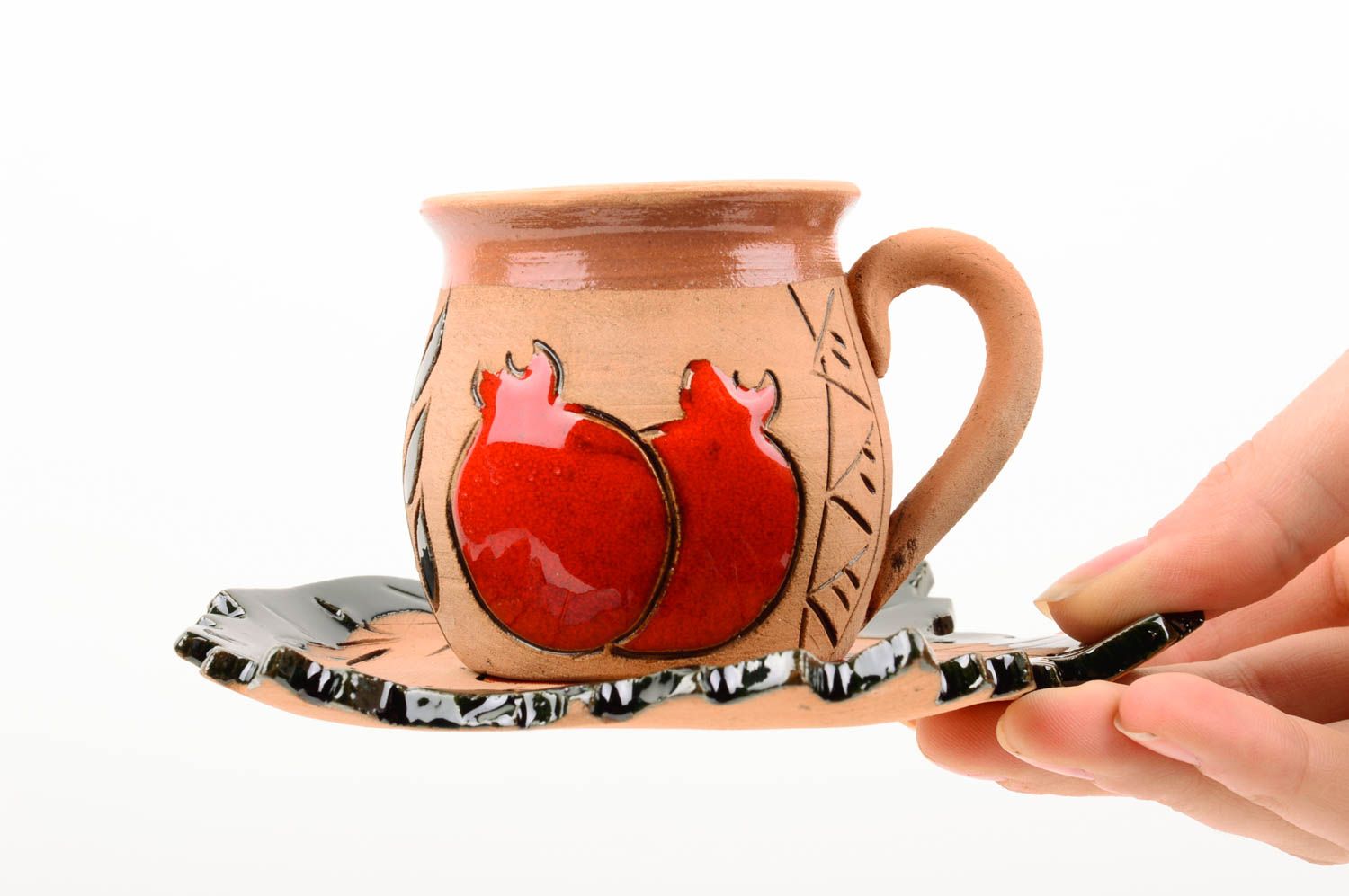 Handmade Tasse mit Unterteller schöne Kaffeetasse Ton Geschirr Granatapfel foto 2