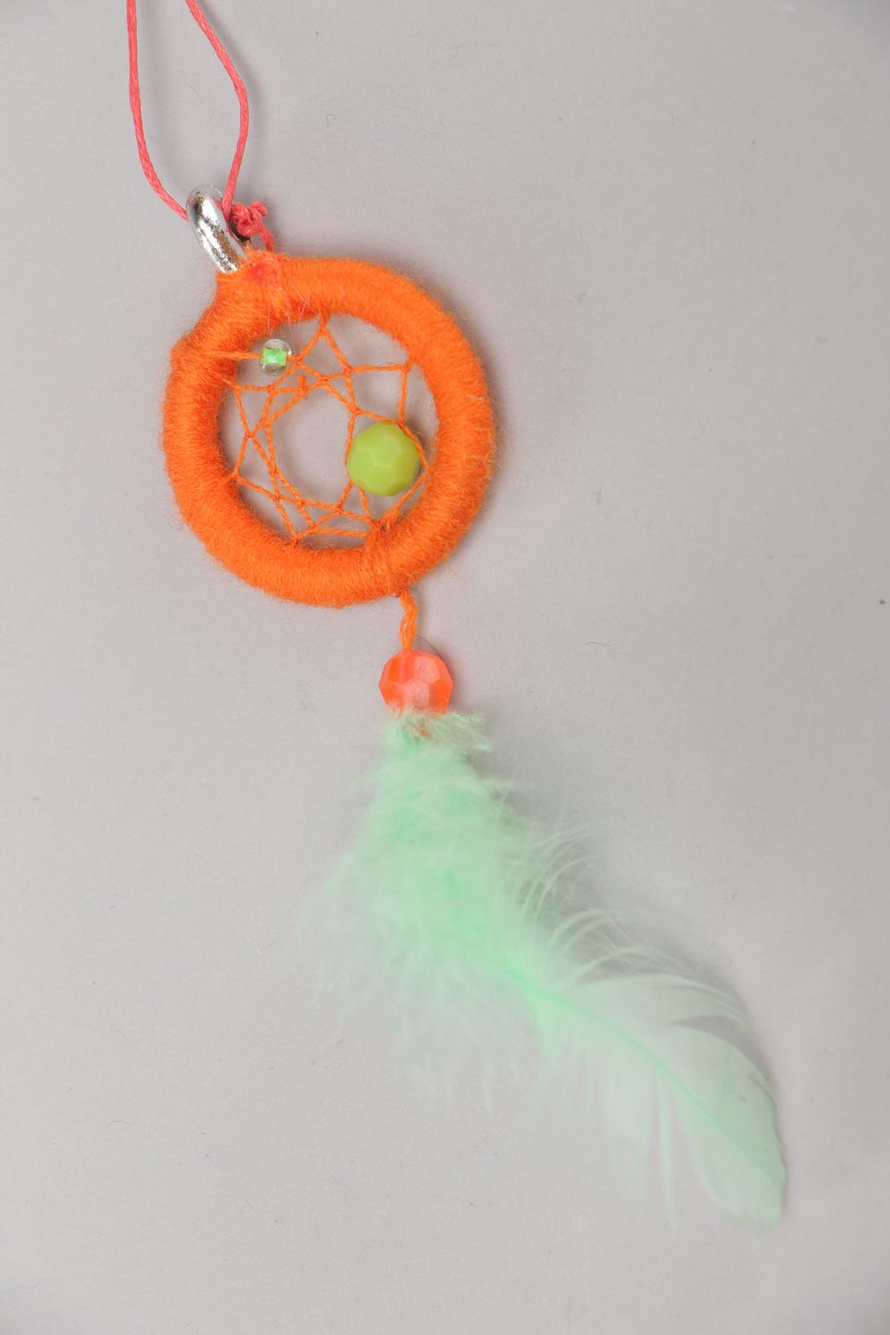 Handmade orange dreamcatcher pendant necklace with swan's down for women photo 2