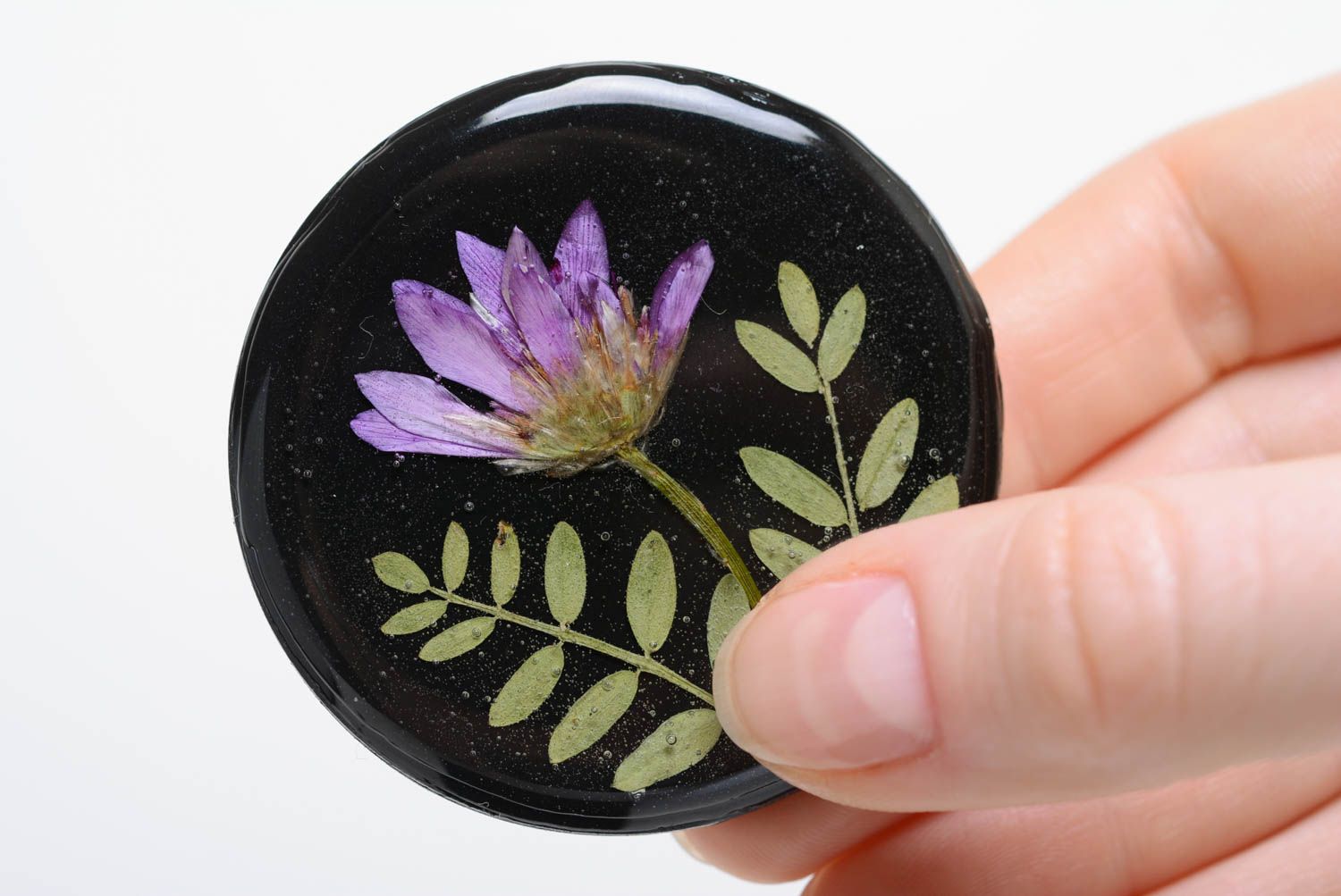 Black brooch with a flower in the epoxy resin handmade designer round accessory photo 4