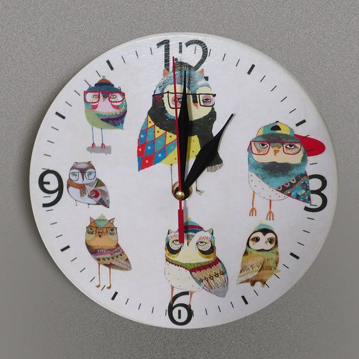 Handmade decoupage wall clock of round shape Owls Brothers on white background photo 1