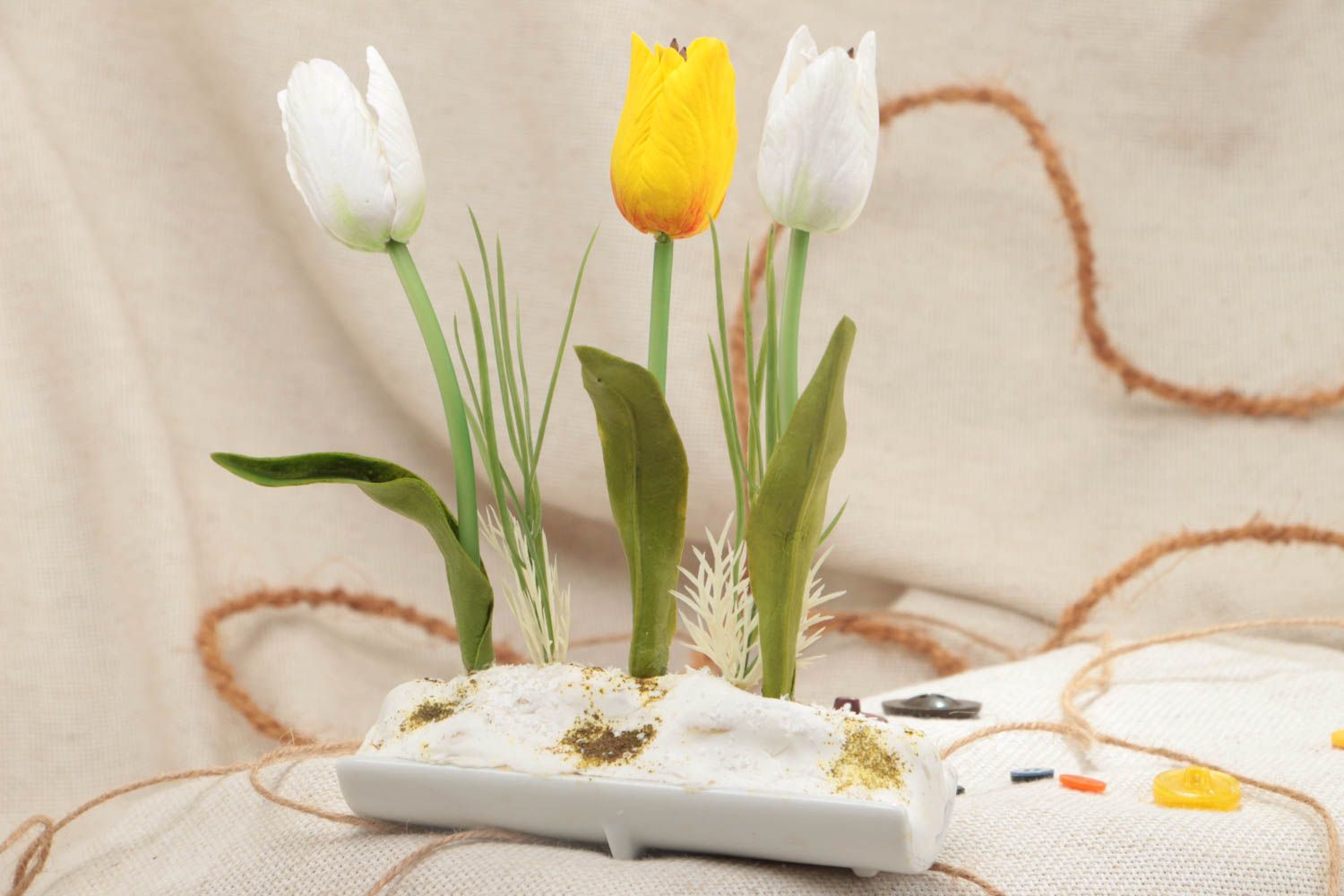 Beautiful homemade desktop artificial flower composition with holder photo 1